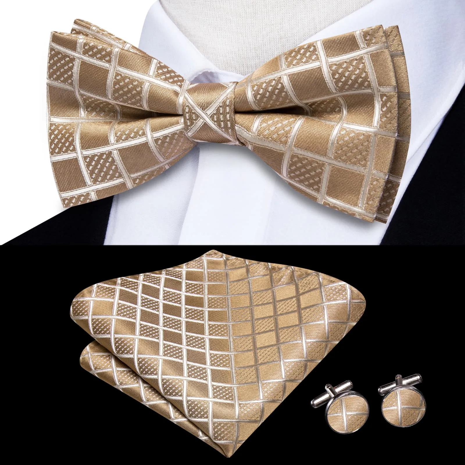 Hi-Tie Light Tan Brown Bow Ties Men Plaid Necktie Hanky Cufflinks Set