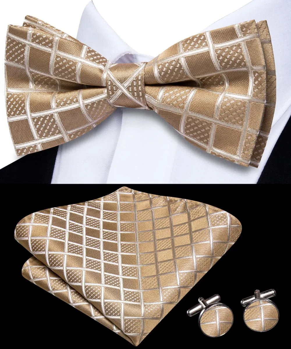 Hi-Tie Light Tan Brown Bow Ties Men Plaid Necktie Hanky Cufflinks Set