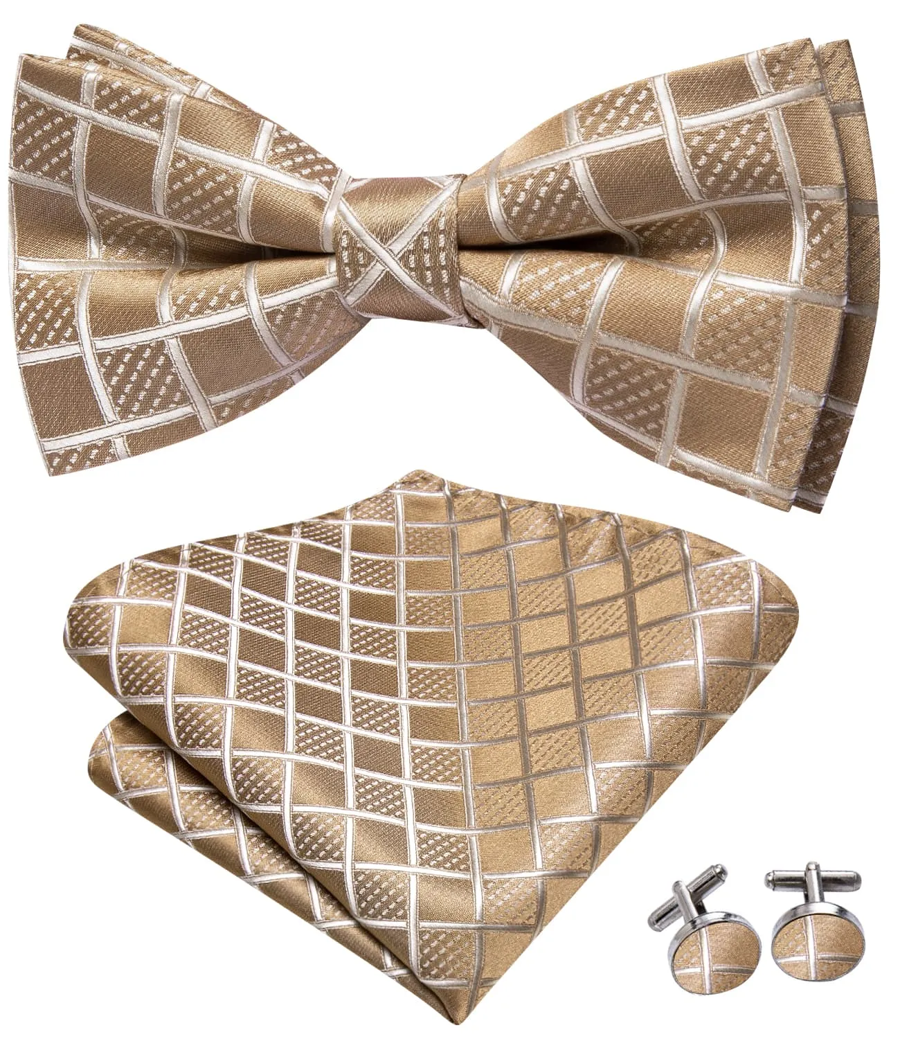 Hi-Tie Light Tan Brown Bow Ties Men Plaid Necktie Hanky Cufflinks Set