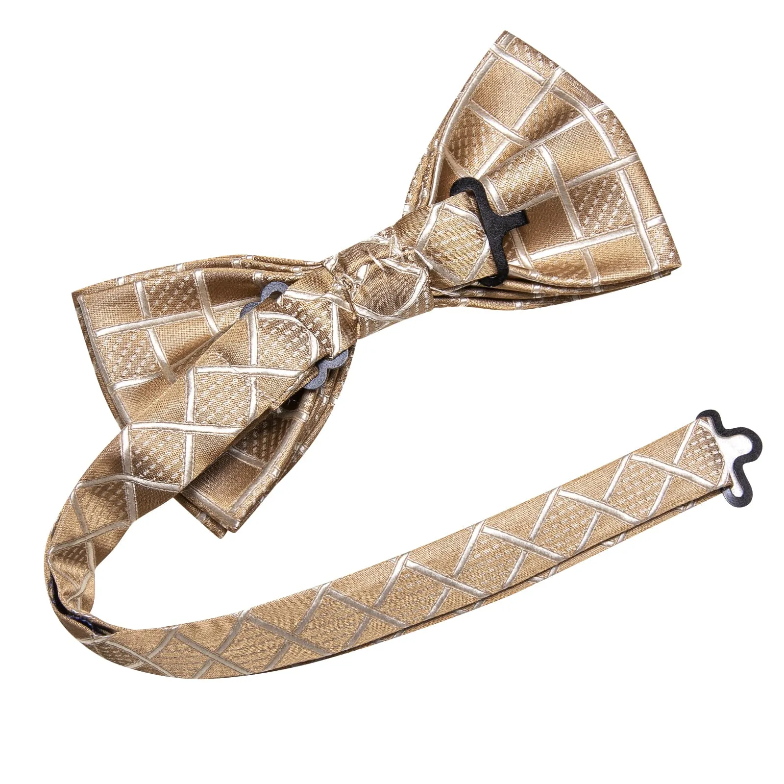 Hi-Tie Light Tan Brown Bow Ties Men Plaid Necktie Hanky Cufflinks Set