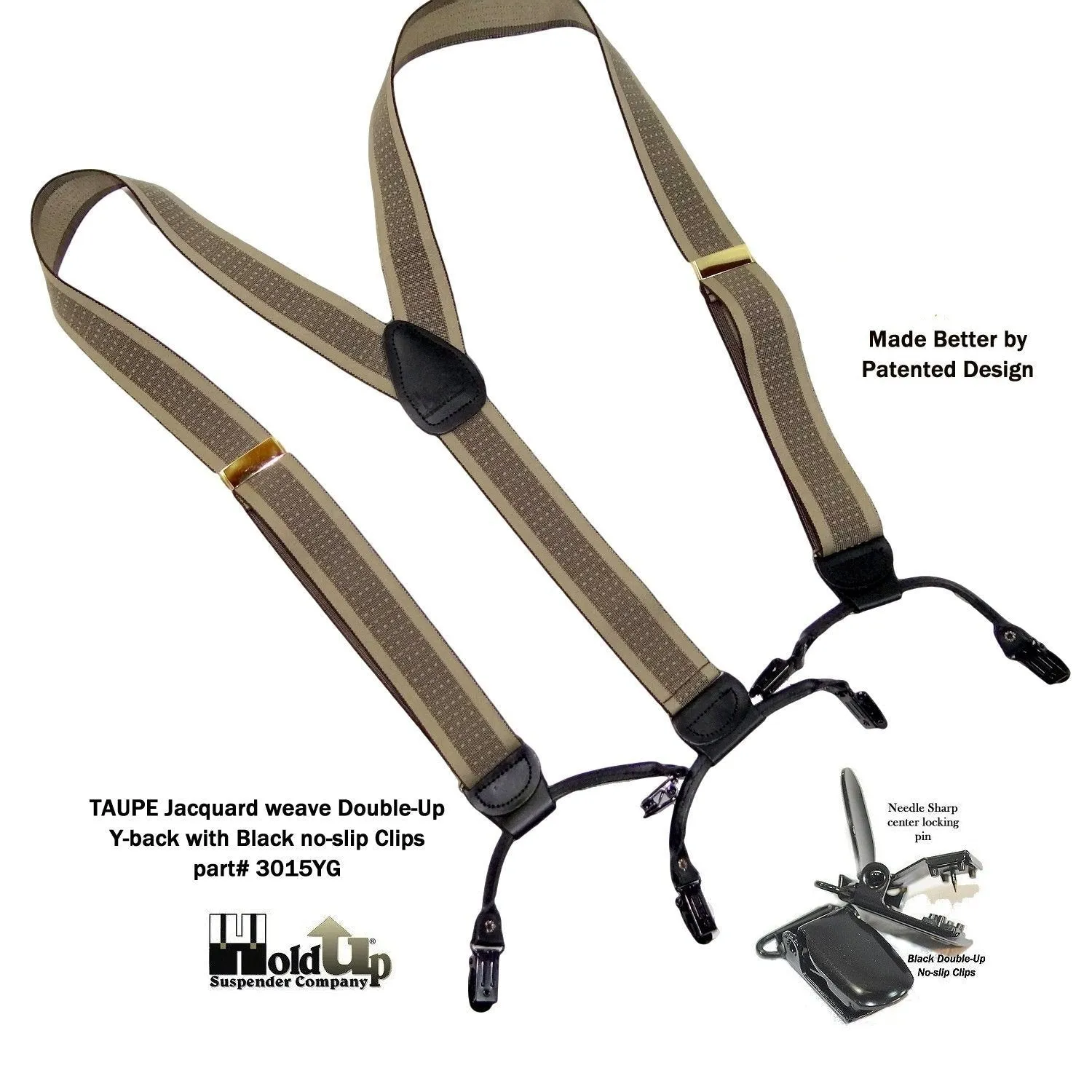 Hold-Up Brand Tan and Taupe Jacquard Double-ups Y-back Suspenders with USA Patented Black No-slip Clips