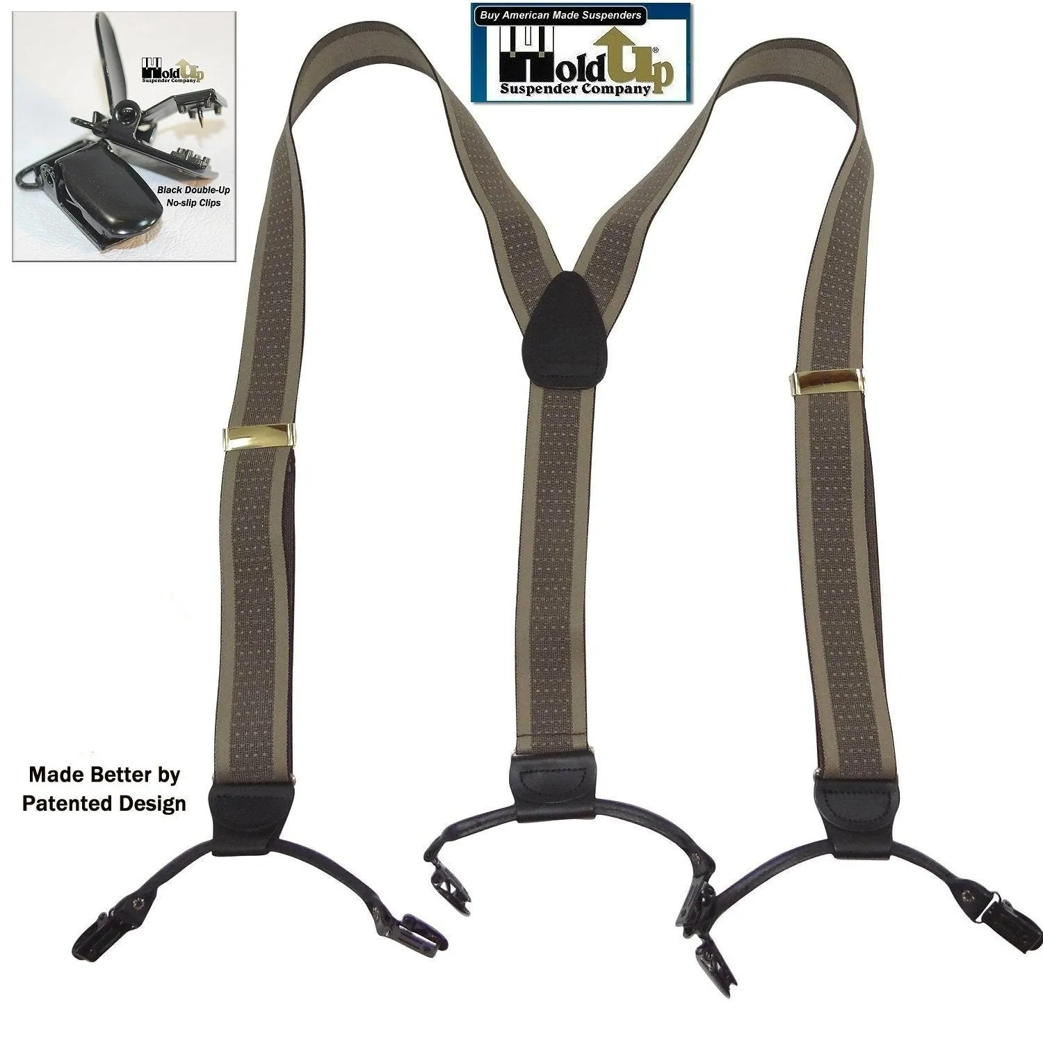 Hold-Up Brand Tan and Taupe Jacquard Double-ups Y-back Suspenders with USA Patented Black No-slip Clips