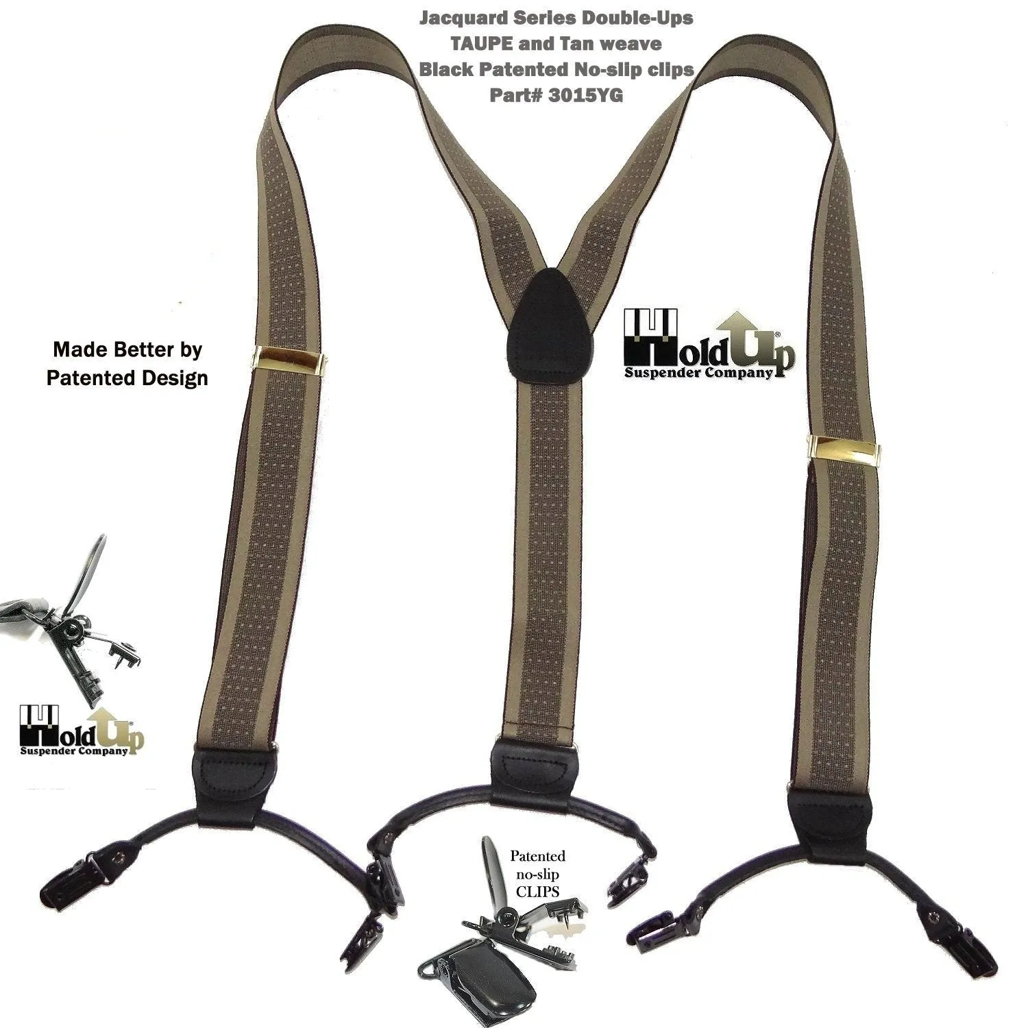 Hold-Up Brand Tan and Taupe Jacquard Double-ups Y-back Suspenders with USA Patented Black No-slip Clips