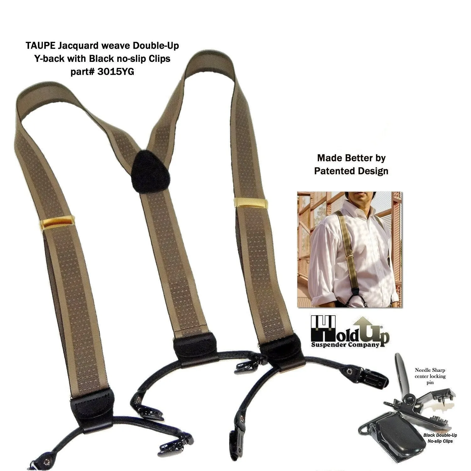 Hold-Up Brand Tan and Taupe Jacquard Double-ups Y-back Suspenders with USA Patented Black No-slip Clips