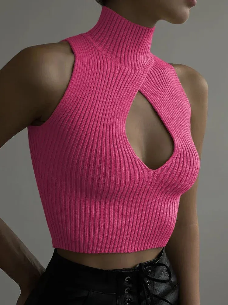 Hollow Turtleneck Sleeveless Crop Tops Women Tanks Cut Out Y2k Sexy Knitted Vest Spring 2023 Trendy Clothes C88-BF10