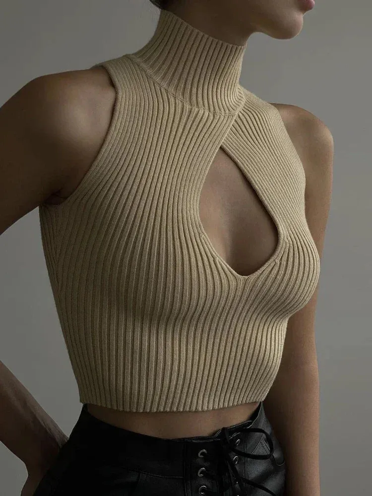 Hollow Turtleneck Sleeveless Crop Tops Women Tanks Cut Out Y2k Sexy Knitted Vest Spring 2023 Trendy Clothes C88-BF10