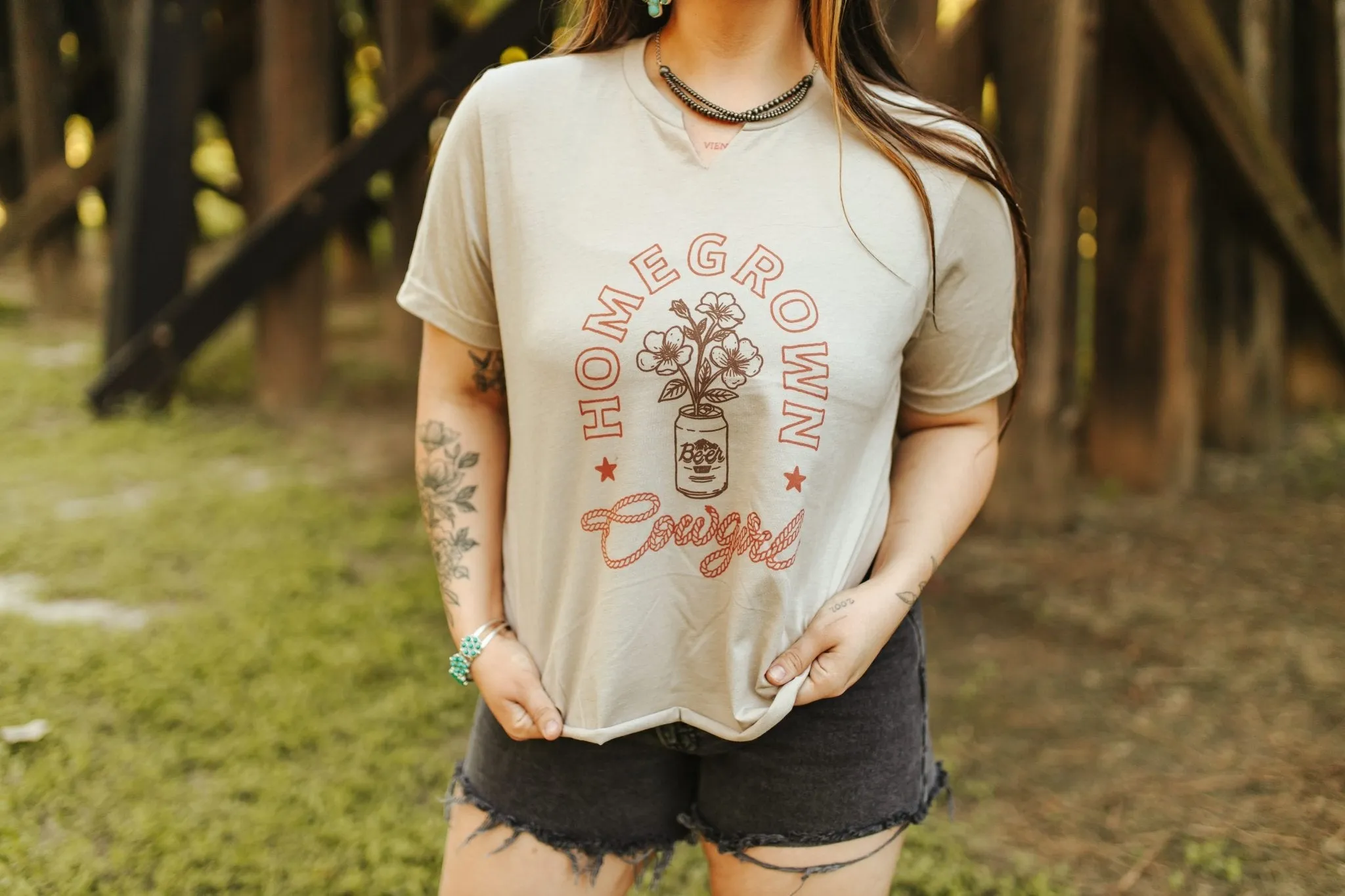 Homegrown Cowgirl Raw V-neck Graphic Tee