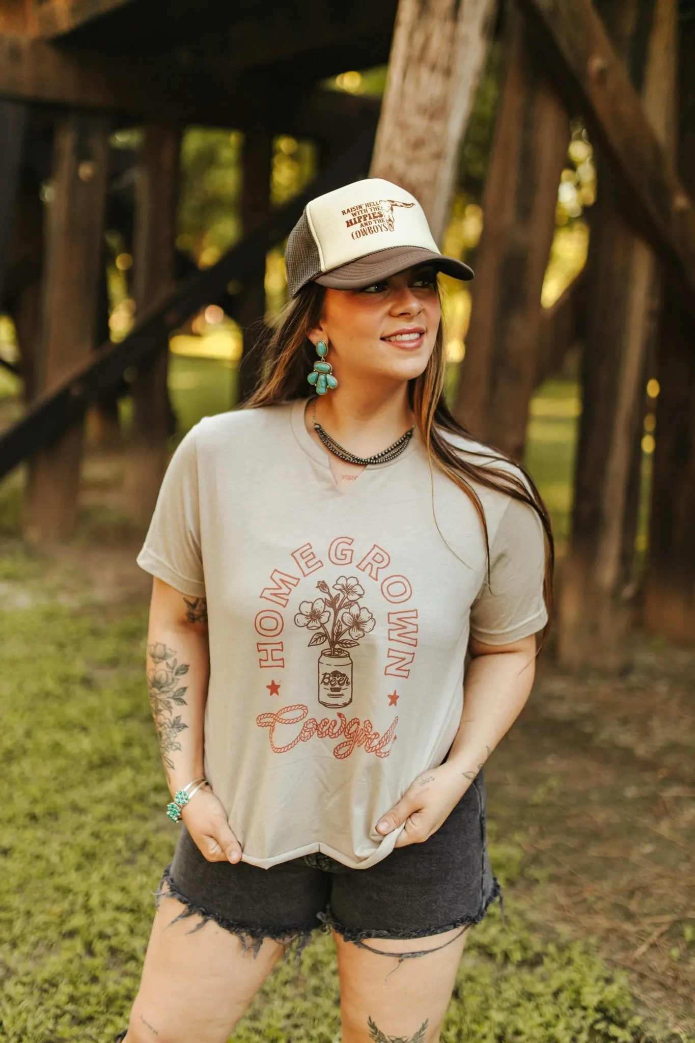 Homegrown Cowgirl Raw V-neck Graphic Tee