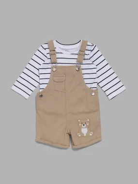 HOP Baby White Striped T-Shirt & Tan Brown Dungaree Set