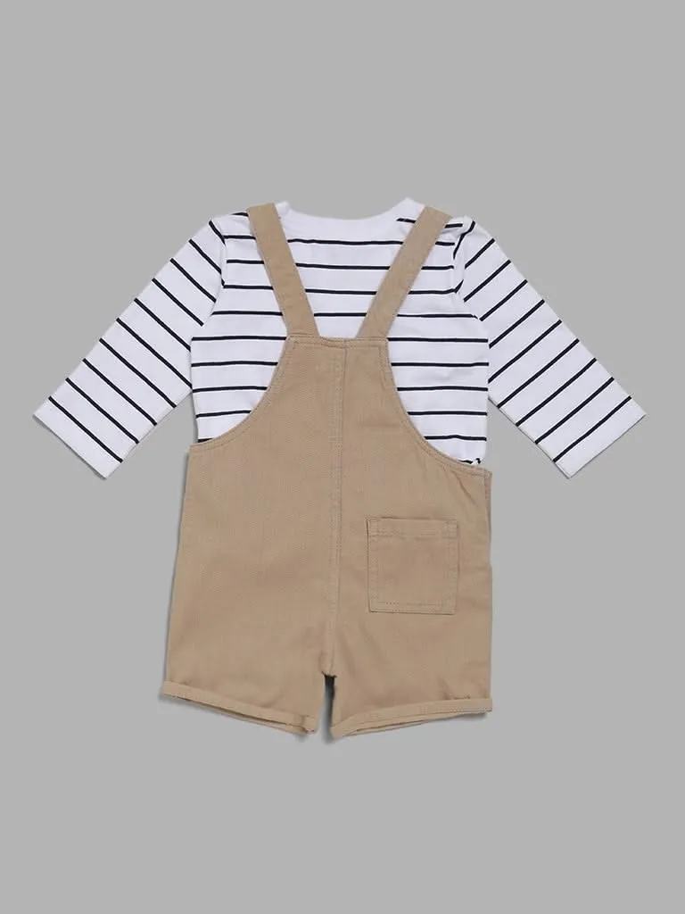 HOP Baby White Striped T-Shirt & Tan Brown Dungaree Set