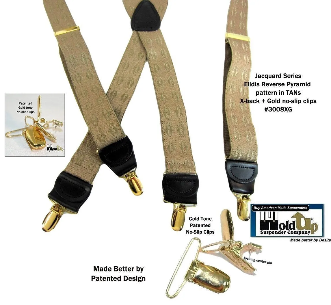 Jacquard Series Elddis diamond Pattern Tan X-back Holdup Suspenders with USA Patented No-slip Gold-tone Clips