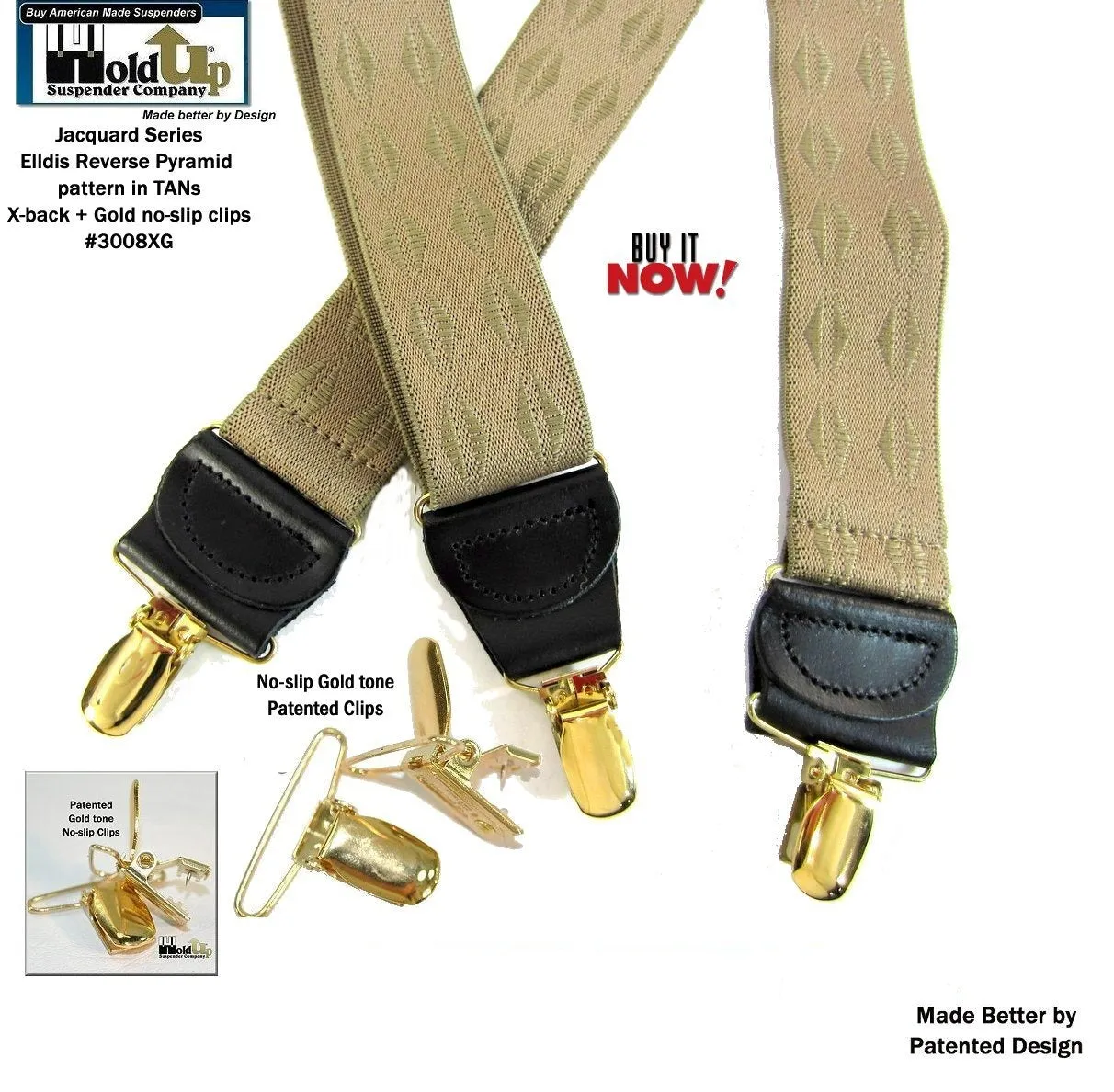 Jacquard Series Elddis diamond Pattern Tan X-back Holdup Suspenders with USA Patented No-slip Gold-tone Clips