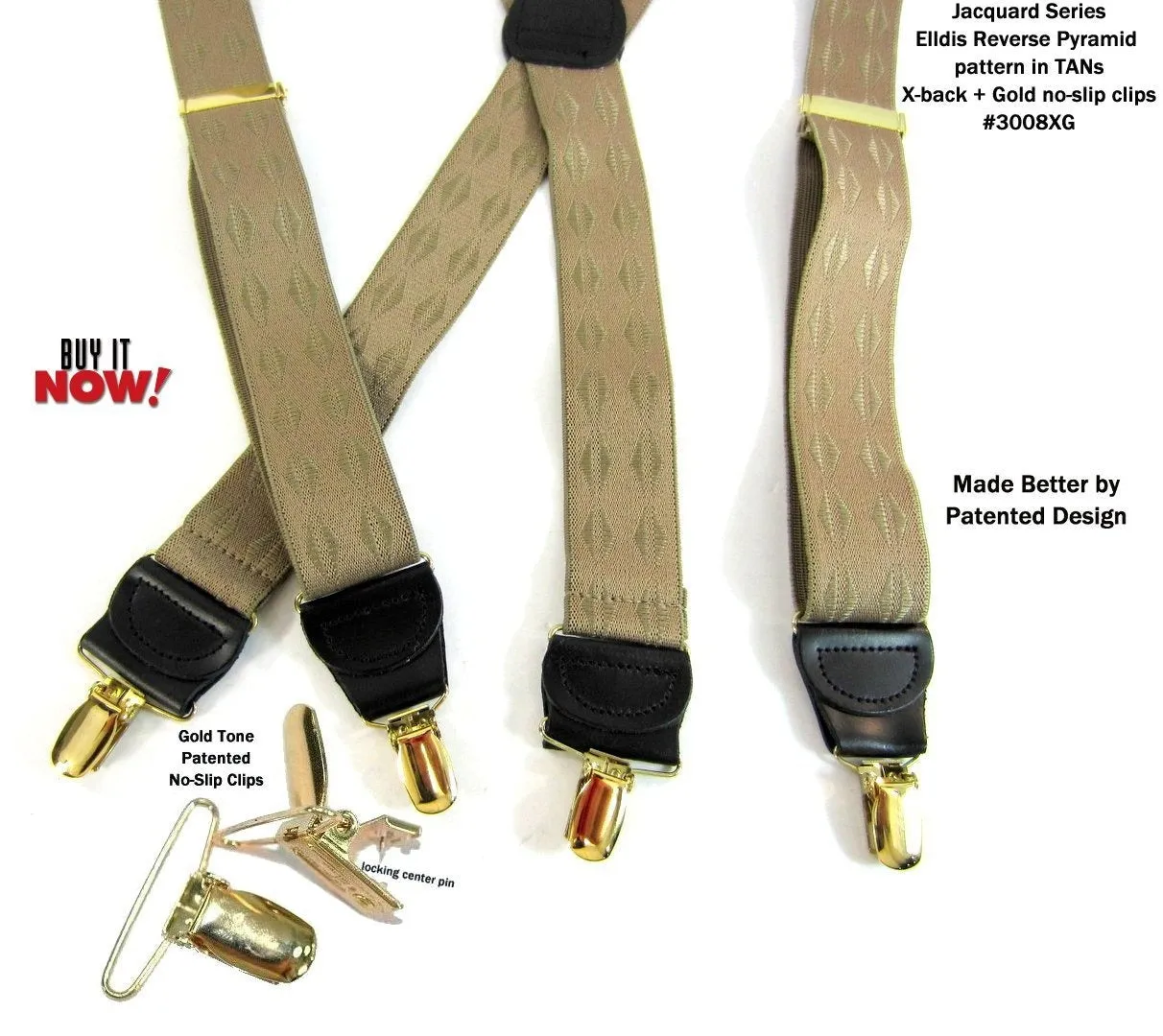 Jacquard Series Elddis diamond Pattern Tan X-back Holdup Suspenders with USA Patented No-slip Gold-tone Clips