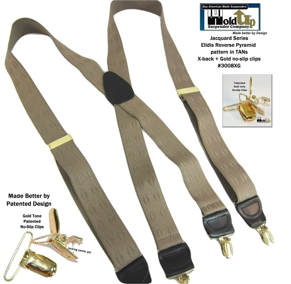 Jacquard Series Elddis diamond Pattern Tan X-back Holdup Suspenders with USA Patented No-slip Gold-tone Clips