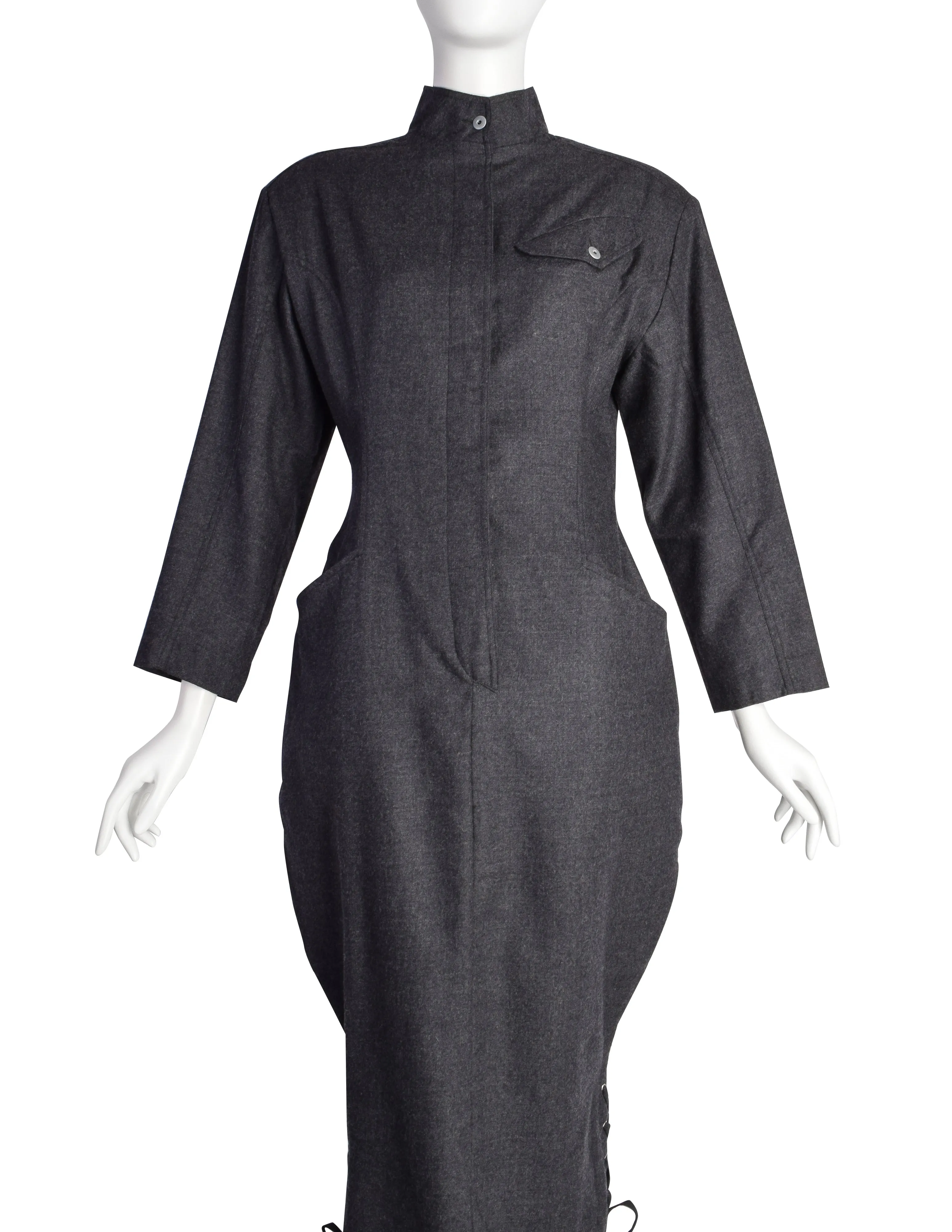 Jean Paul Gaultier Vintage AW 1984 Charcoal Grey Wool Dress and Cape Ensemble Set