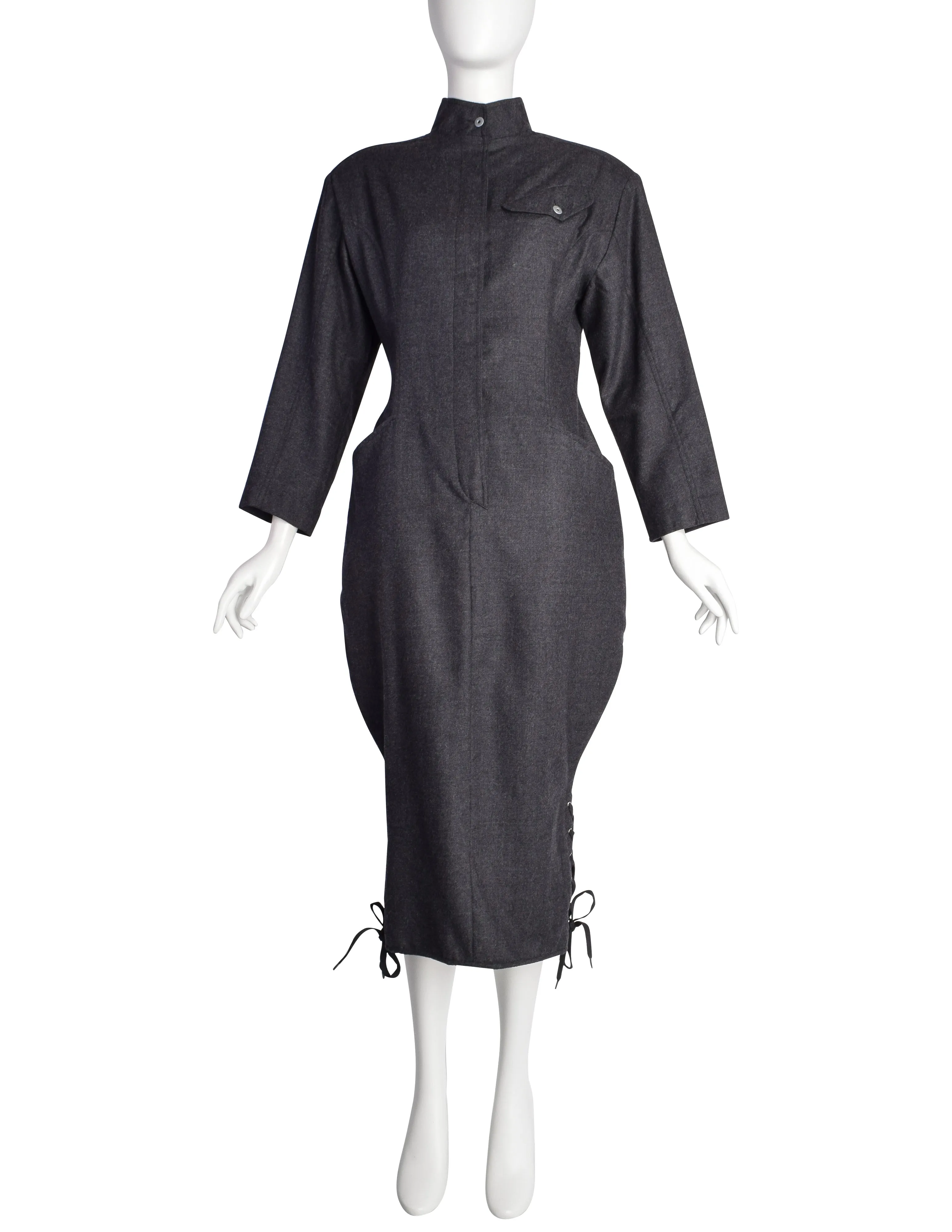 Jean Paul Gaultier Vintage AW 1984 Charcoal Grey Wool Dress and Cape Ensemble Set