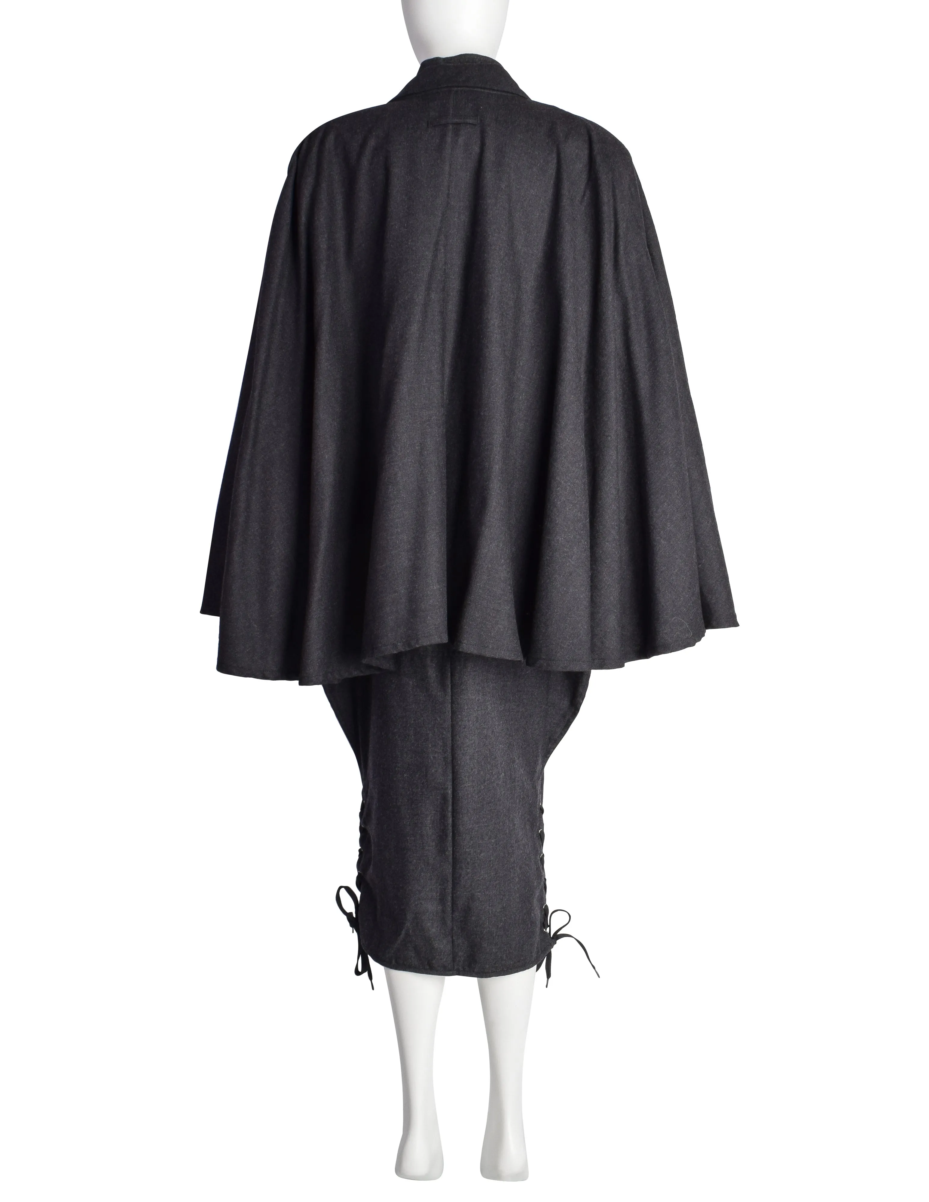 Jean Paul Gaultier Vintage AW 1984 Charcoal Grey Wool Dress and Cape Ensemble Set