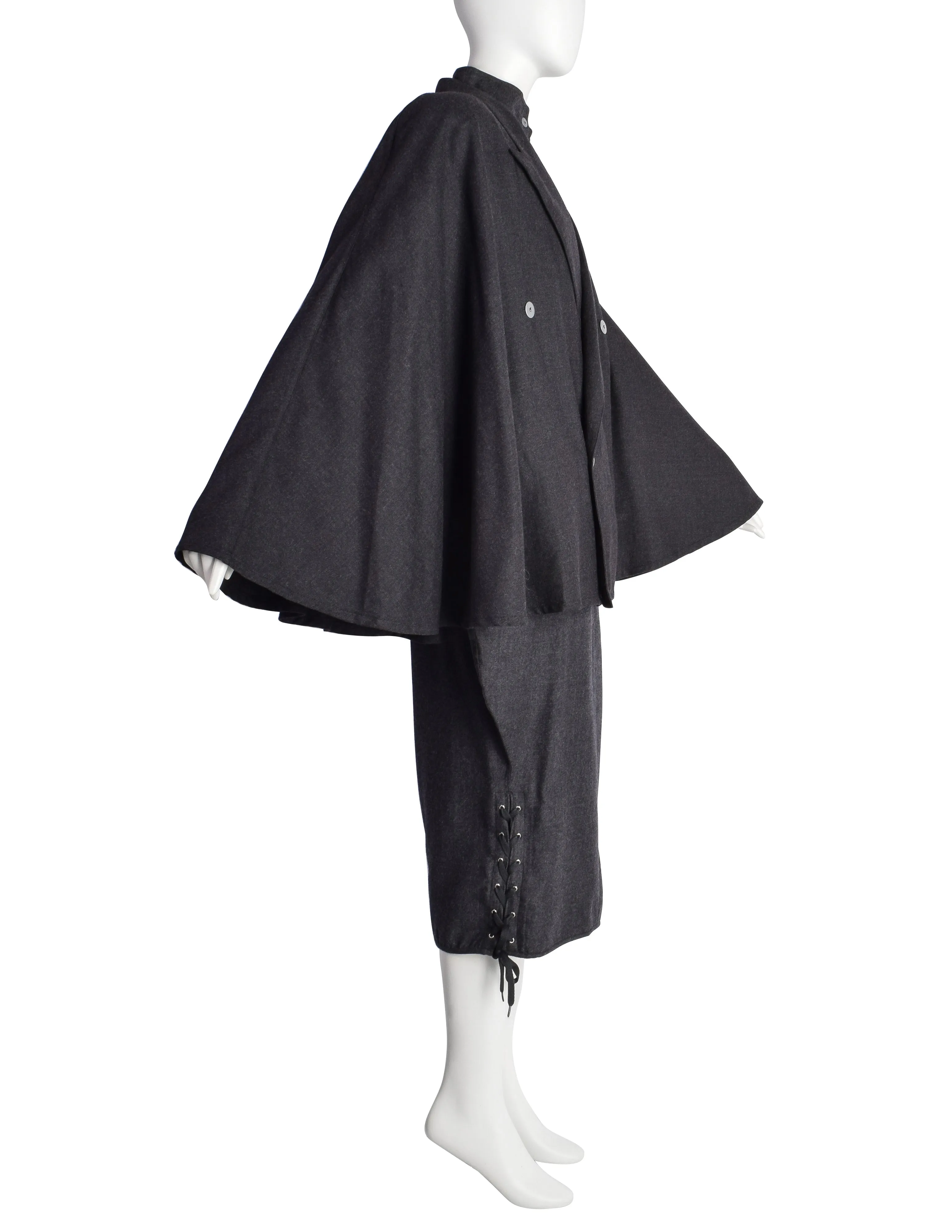 Jean Paul Gaultier Vintage AW 1984 Charcoal Grey Wool Dress and Cape Ensemble Set