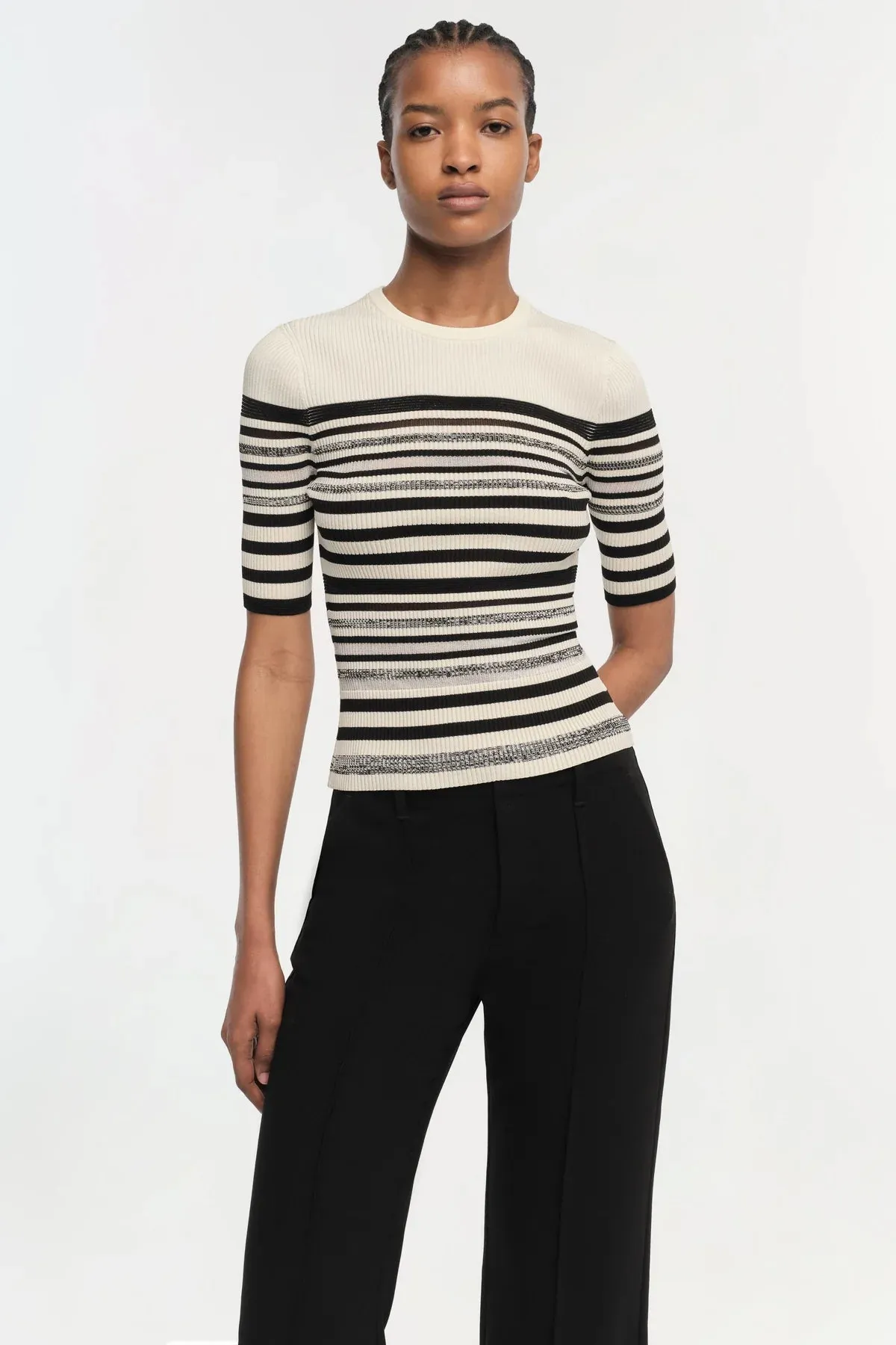 Jonathan Simkhai Elena Short Sleeve Top in Black Stripe