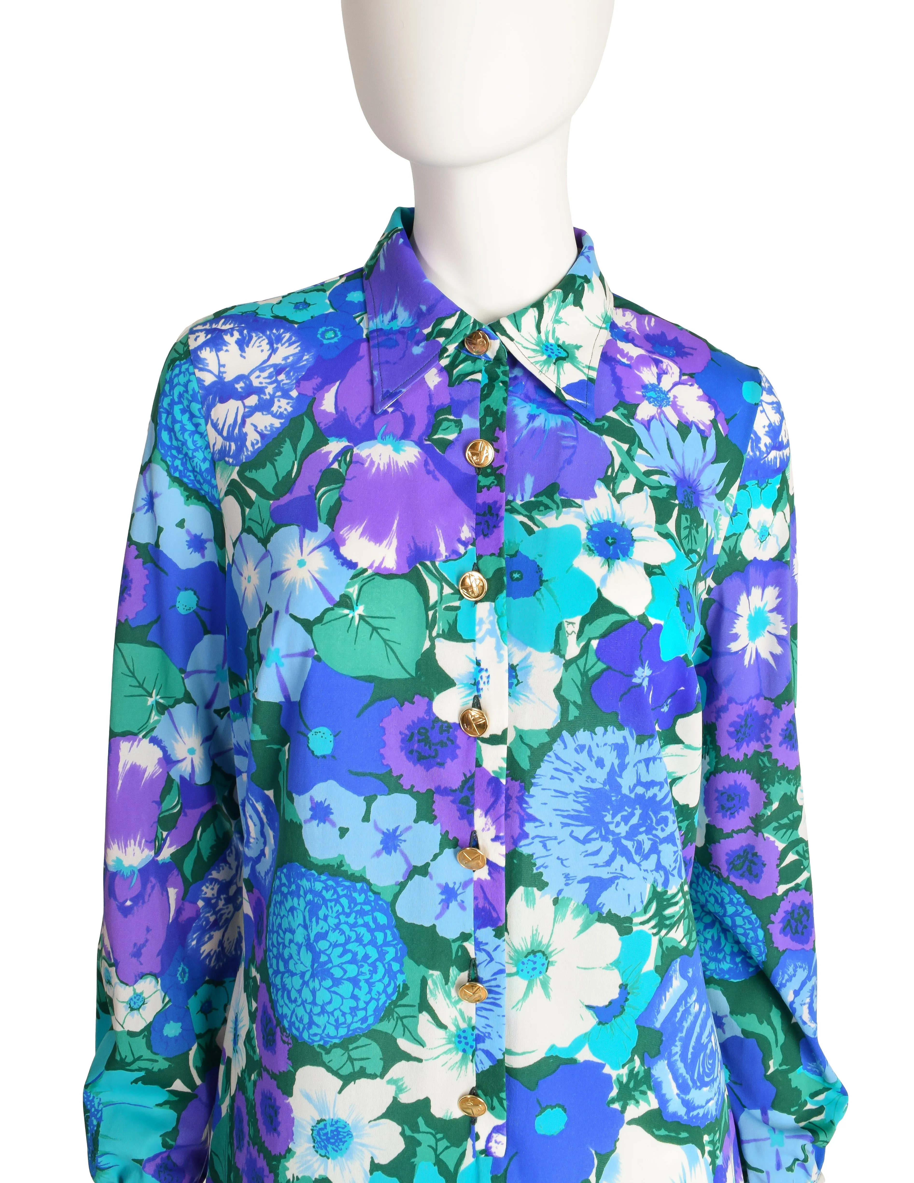 Ken Scott Vintage 1970s Blue Green Floral Print Shirt Dress