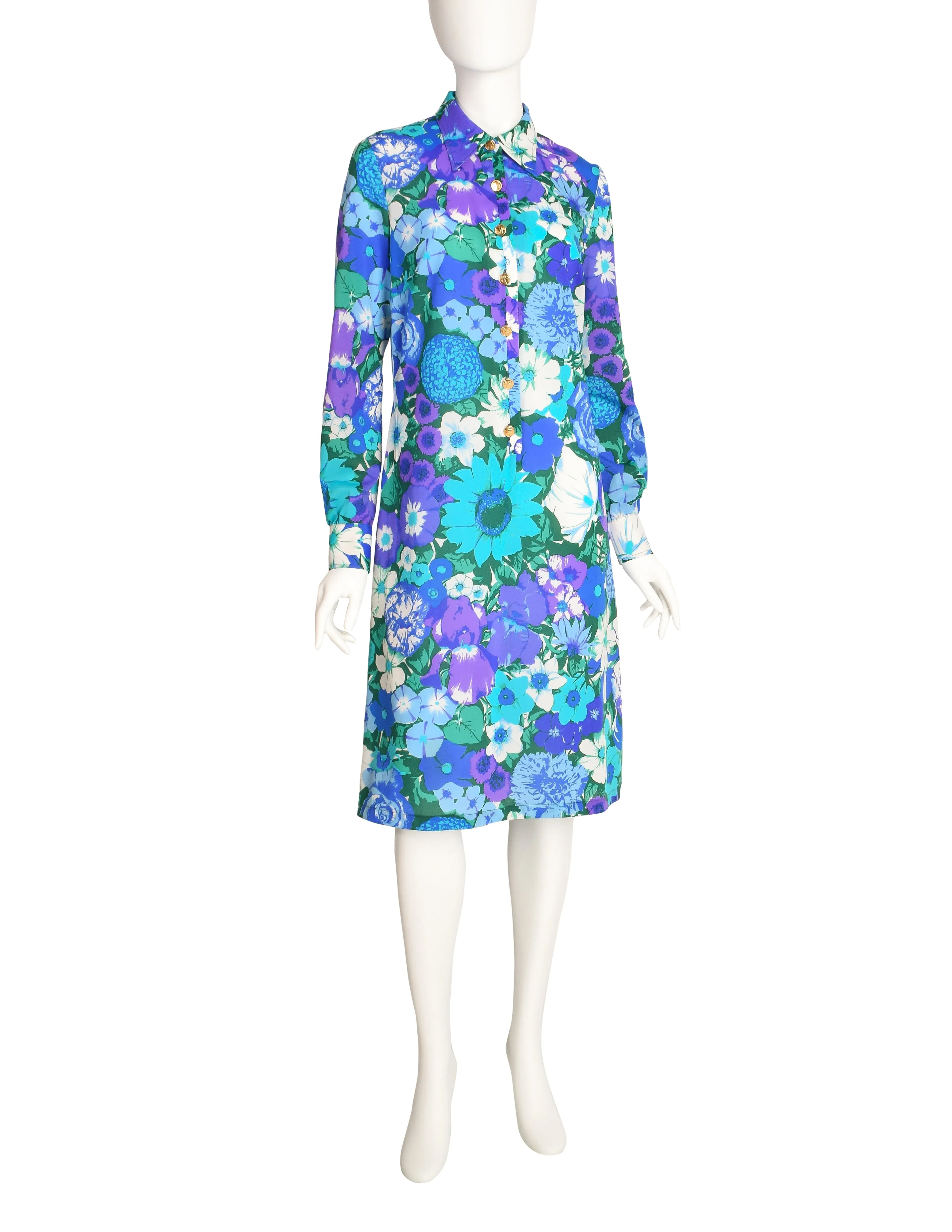 Ken Scott Vintage 1970s Blue Green Floral Print Shirt Dress