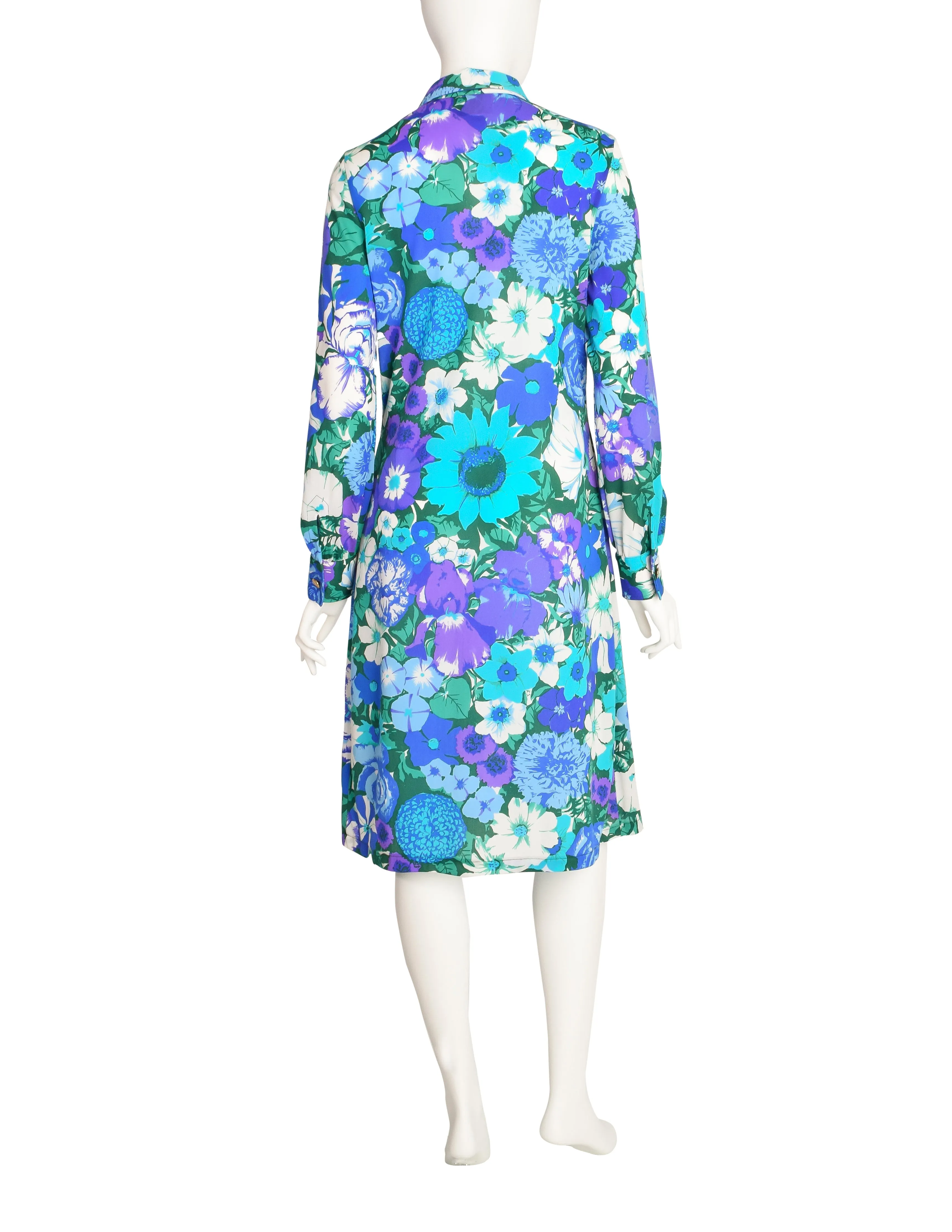 Ken Scott Vintage 1970s Blue Green Floral Print Shirt Dress