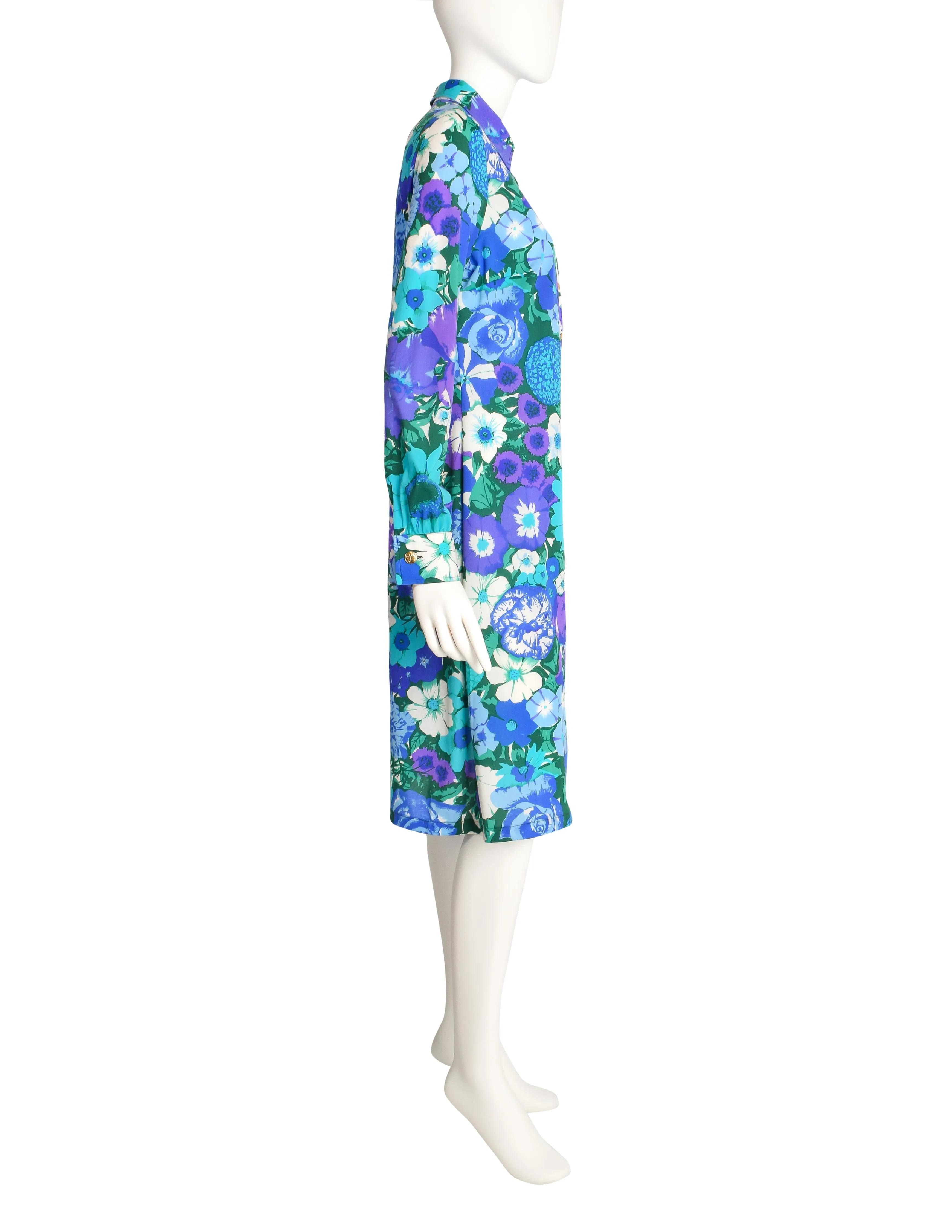 Ken Scott Vintage 1970s Blue Green Floral Print Shirt Dress