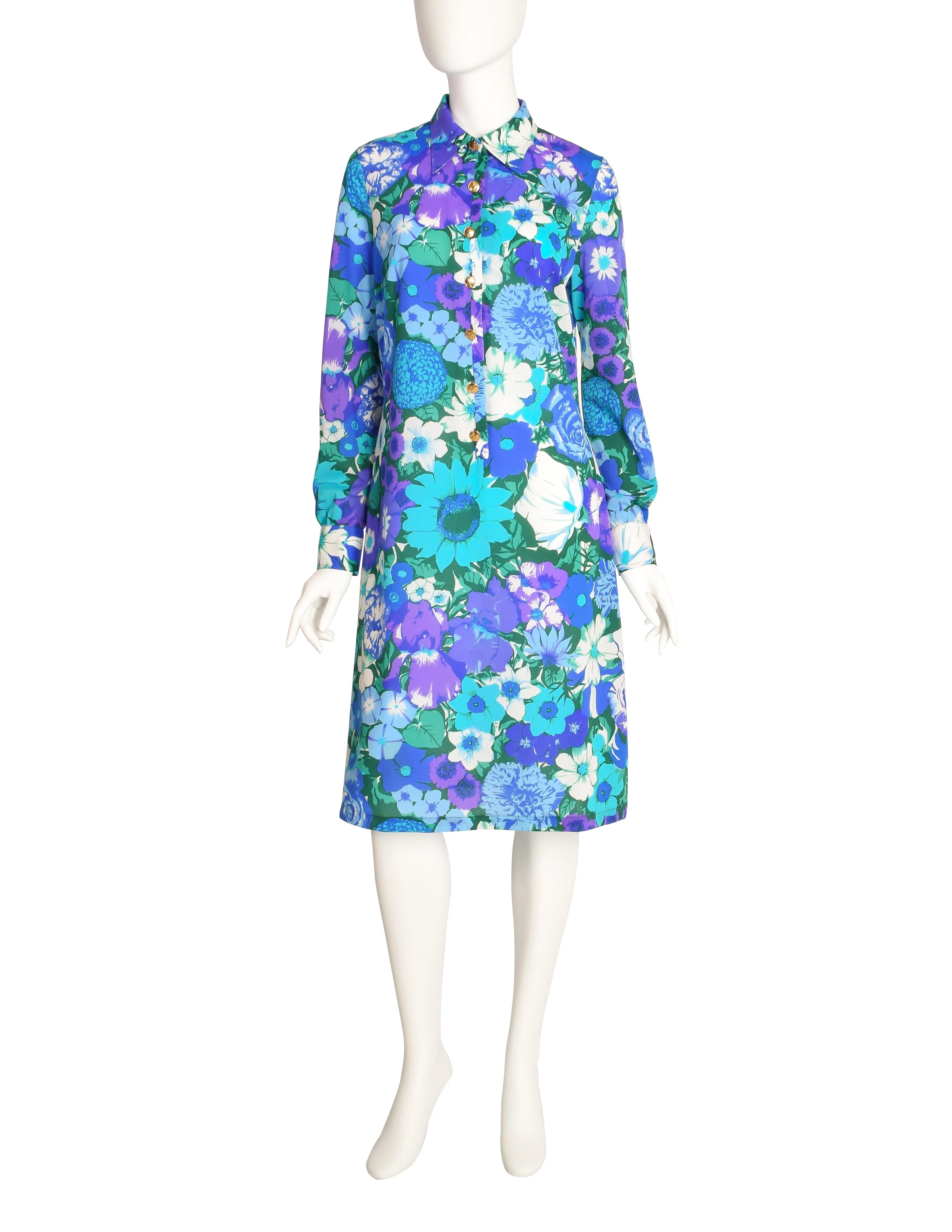 Ken Scott Vintage 1970s Blue Green Floral Print Shirt Dress