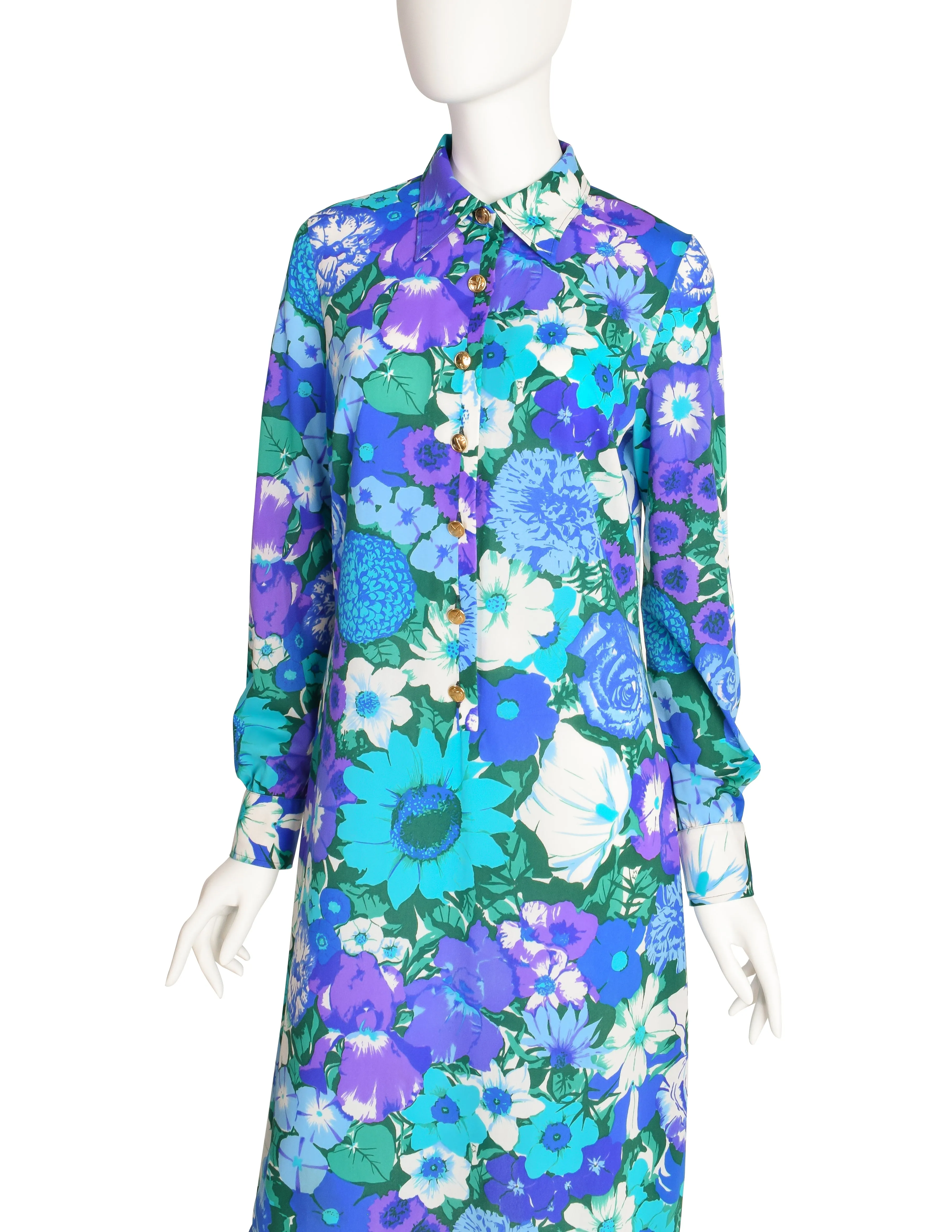 Ken Scott Vintage 1970s Blue Green Floral Print Shirt Dress