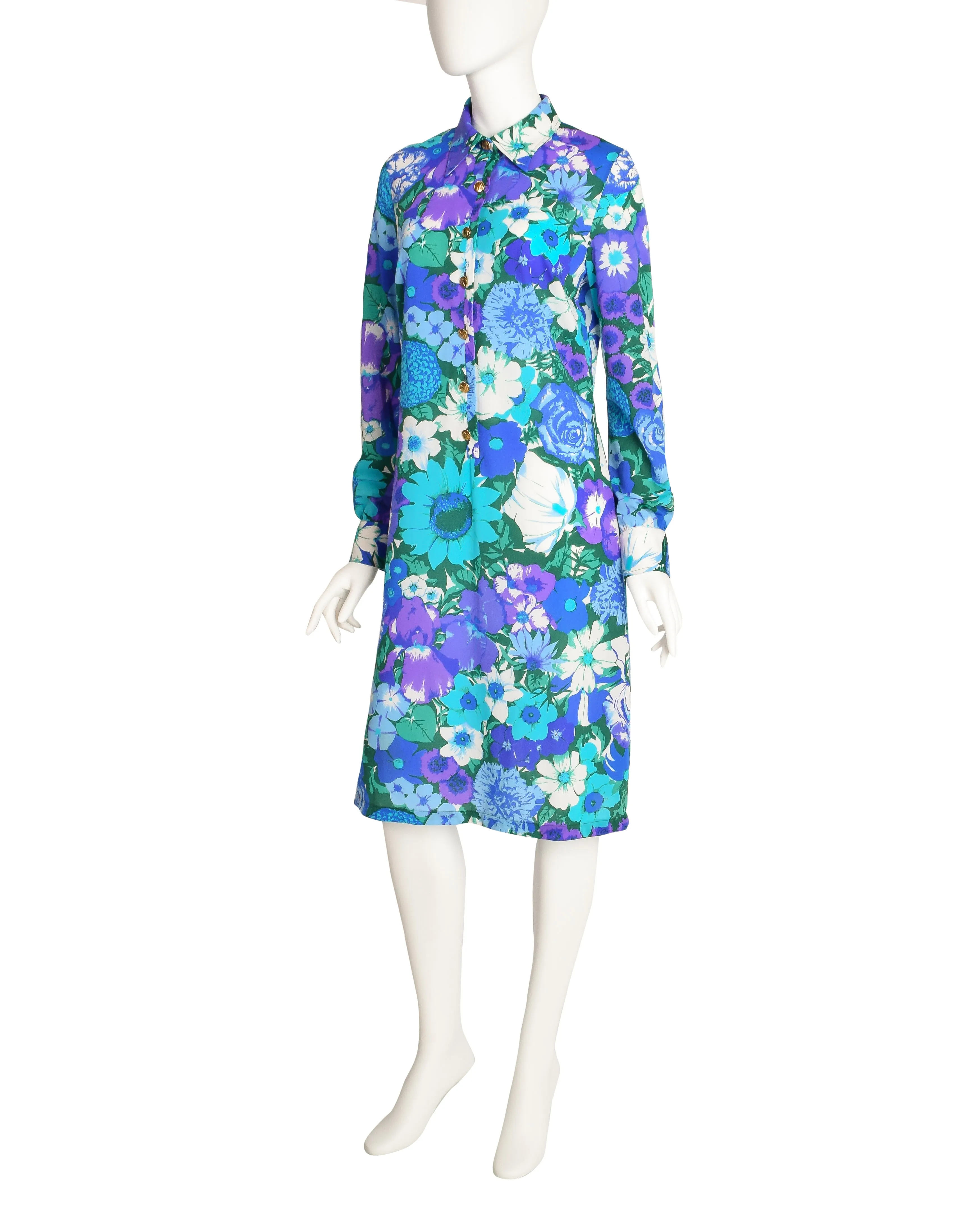 Ken Scott Vintage 1970s Blue Green Floral Print Shirt Dress