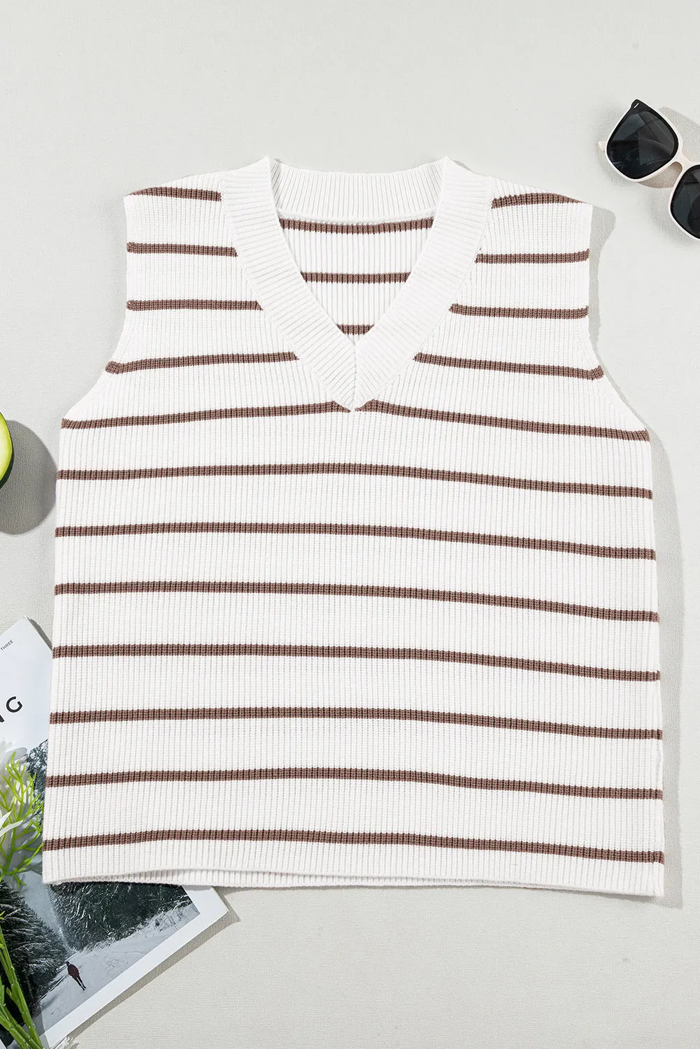 Khaki Stripe V Neck Knitted Loose Sweater Vest