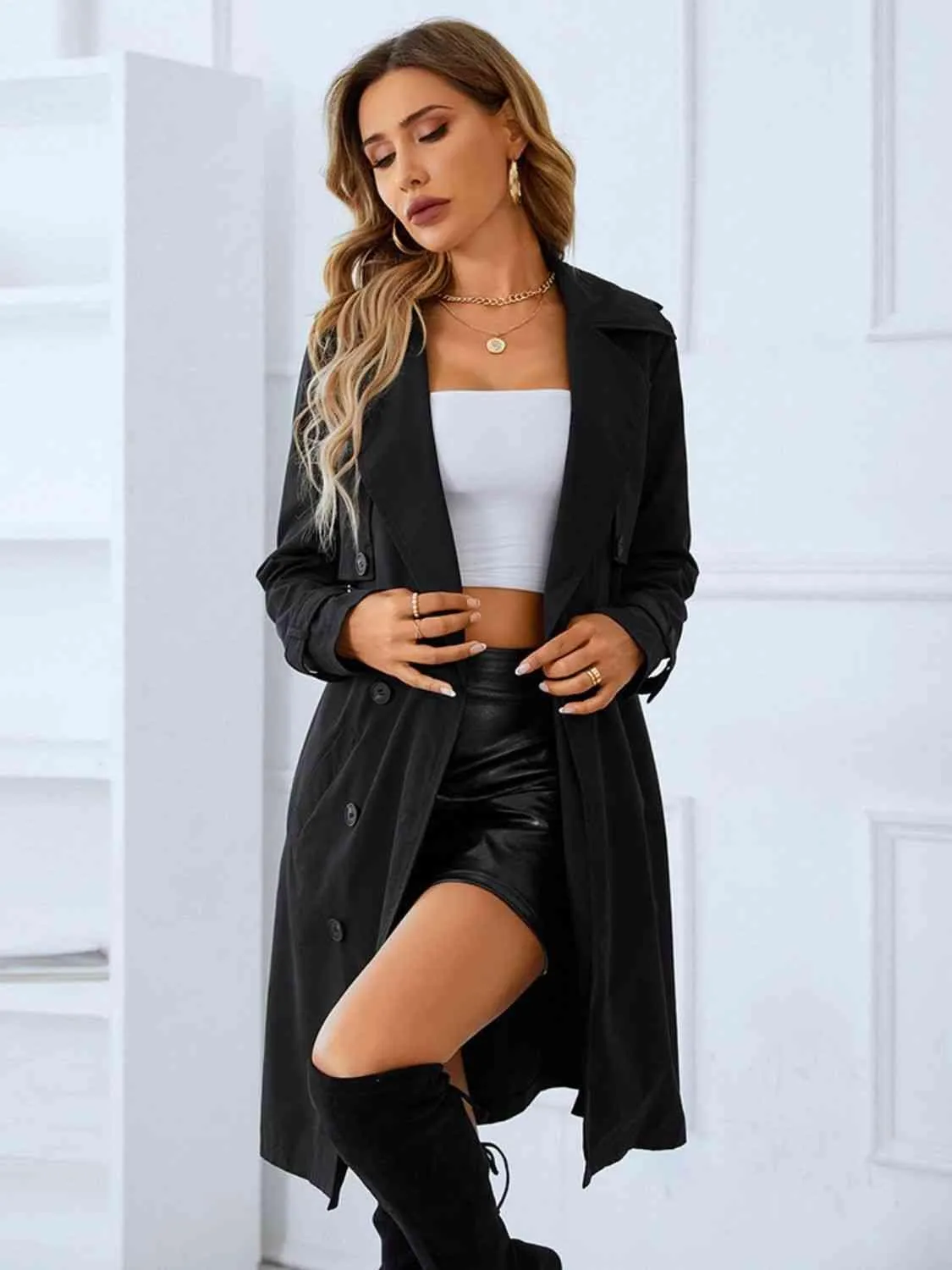 Lapel Collar Double-Breasted Trench Coat