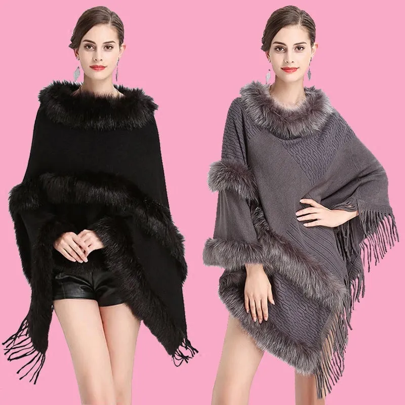 Large Size Faux Fox Fur Mid-length Cape Shawl