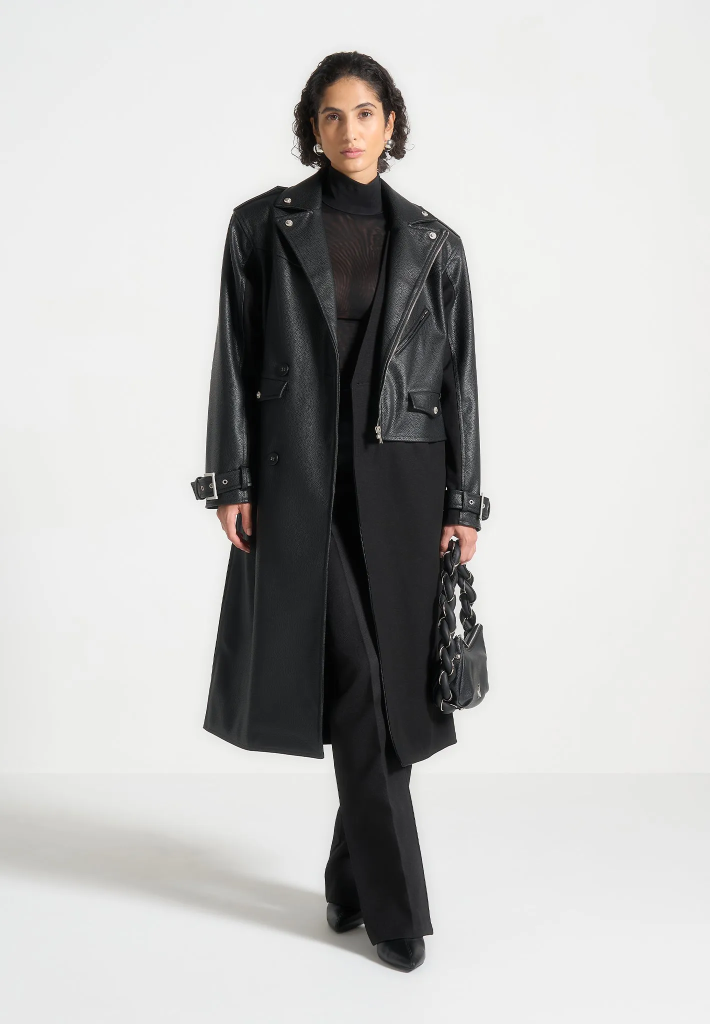 Leather Biker Trench Coat - Black