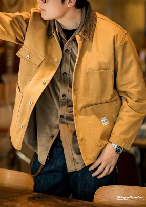 Maden American Retro Heavy Michigan Canvas Jackets Multi-pocket Khaki Lapel Thin Coats Men's Autumn Jacket Fashion Trench Coat