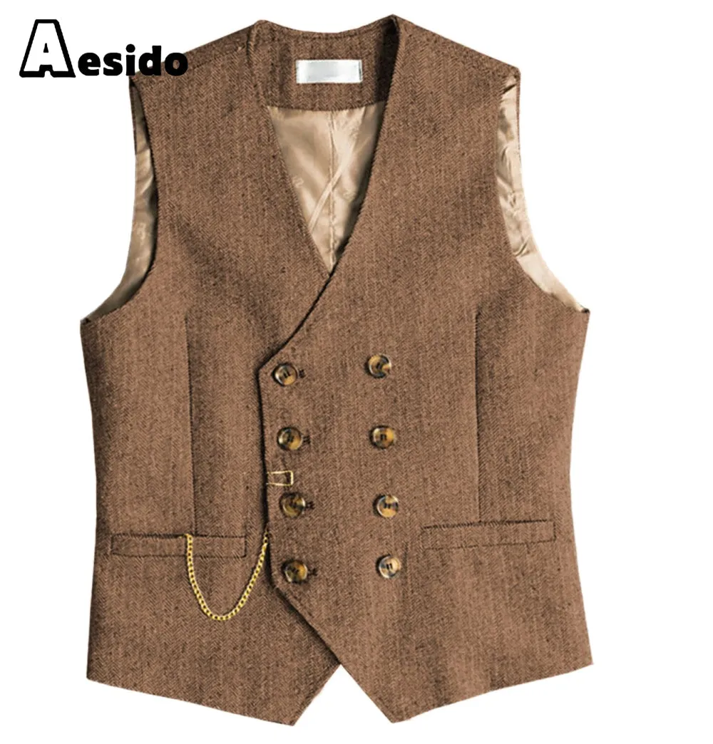 Men Double Breasted V Neck Waistcoat