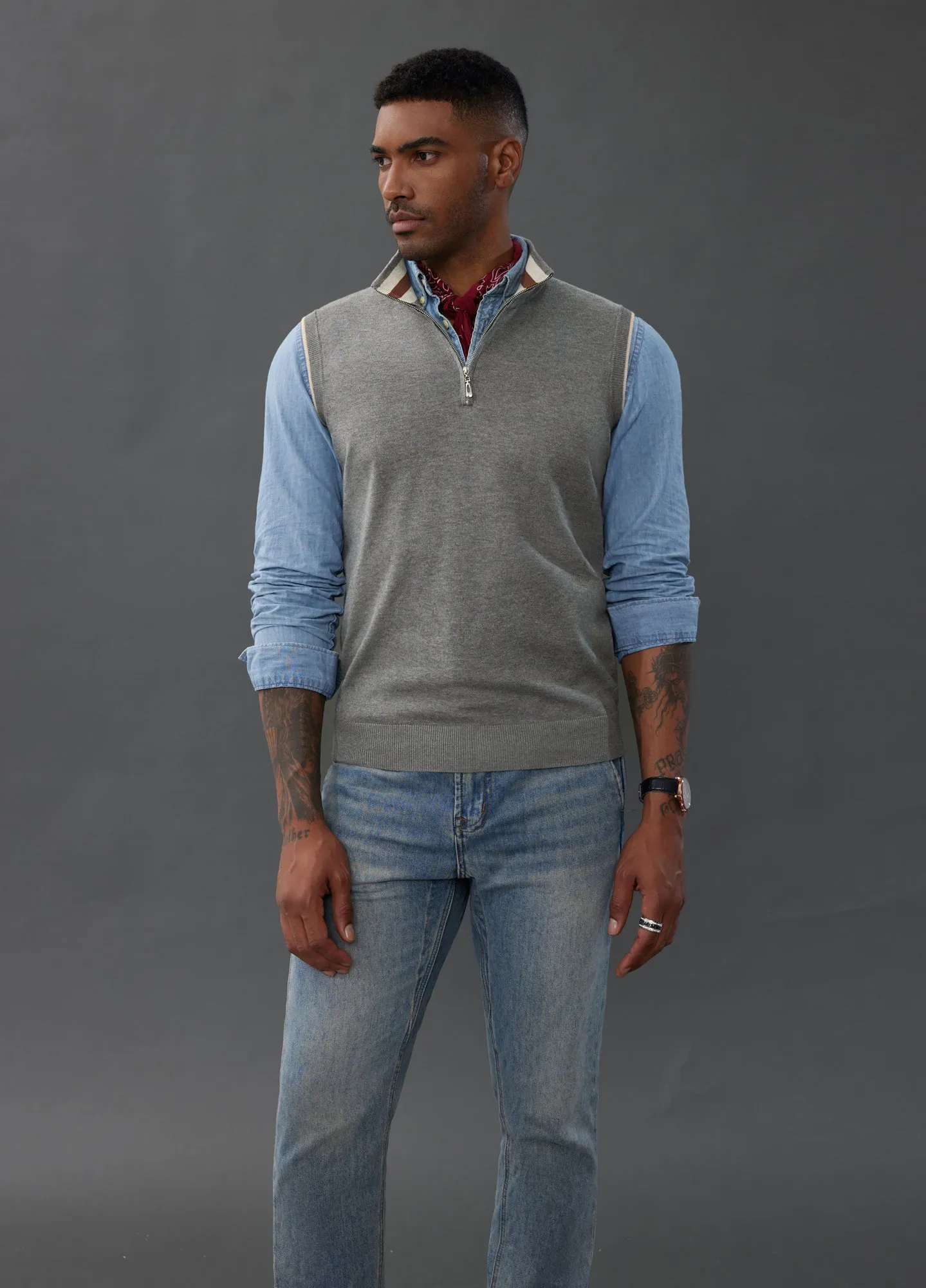 Men Stand Collar Sweater Vest Sleeveless Zip-up Neck Pullover Knitwear