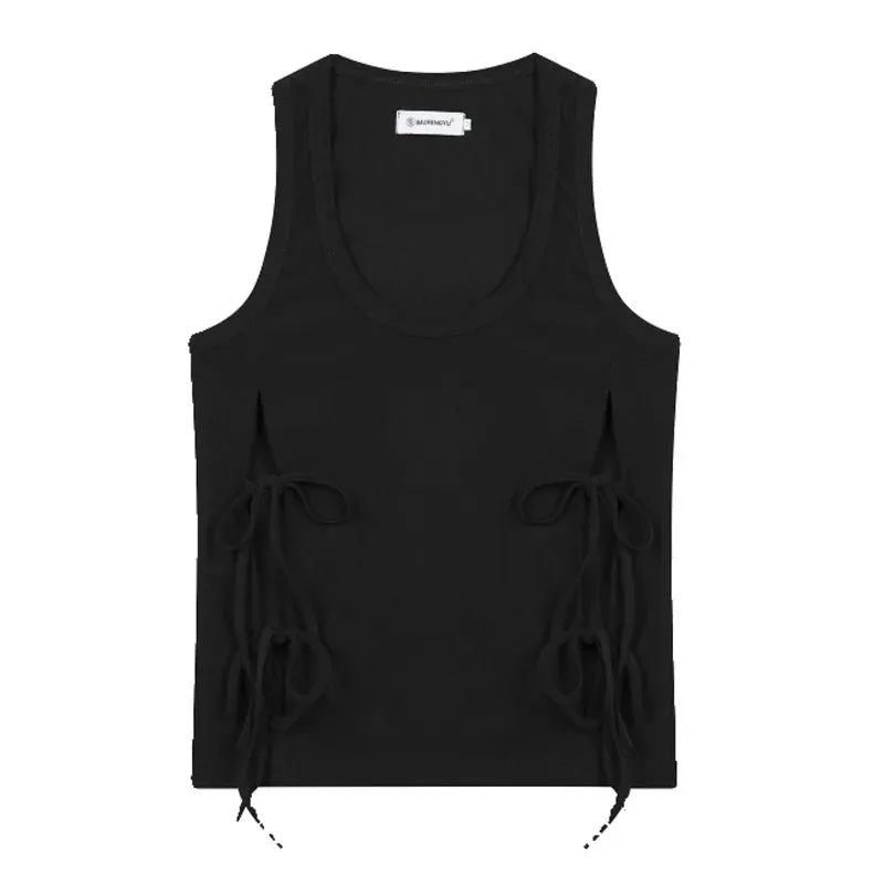 Men Vest Spring Summer New Split Lace Up Trendy Square Neck Shoulder Male Knitted Elastic Personalized Top 9C5085