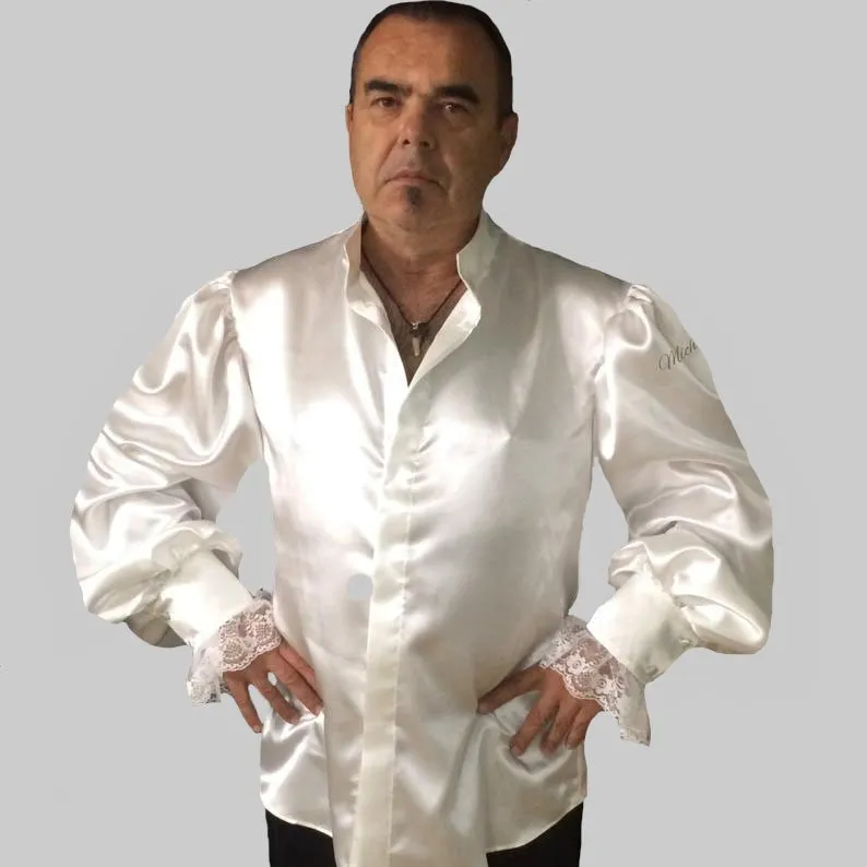 Mens 100% Silk Shirt with Detachable Jabot