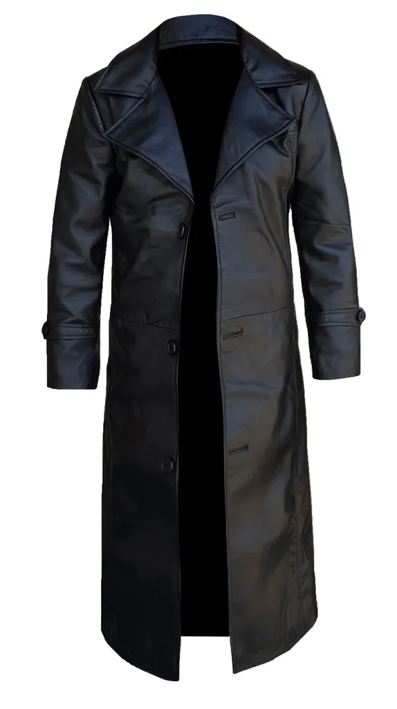 Men's Black Leather Winter Trench Coat