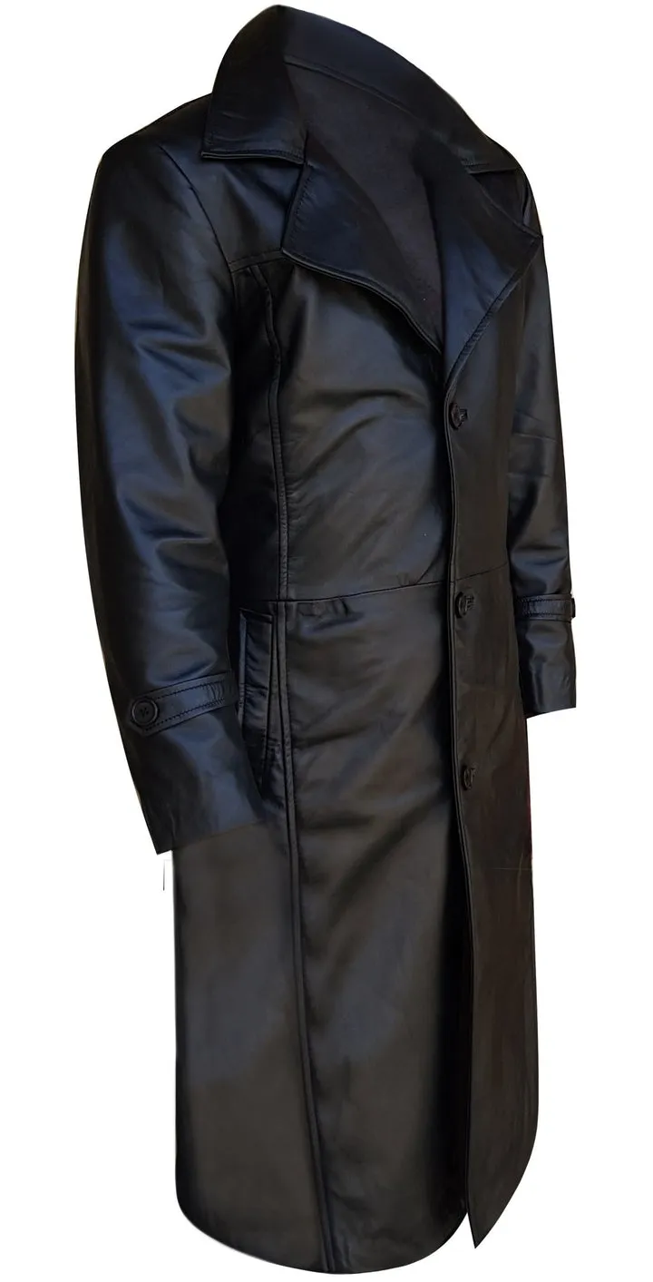 Men's Black Leather Winter Trench Coat