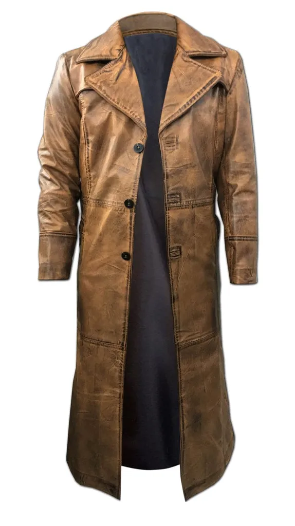 Men's Black Leather Winter Trench Coat