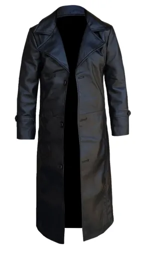 Men's Black Leather Winter Trench Coat