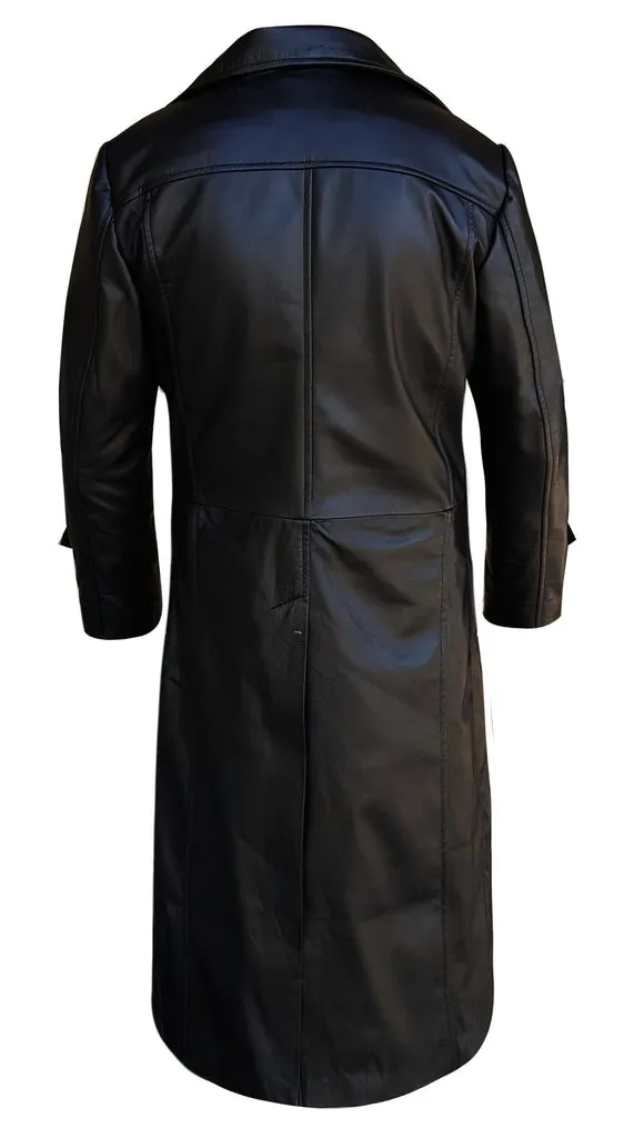 Men's Black Leather Winter Trench Coat