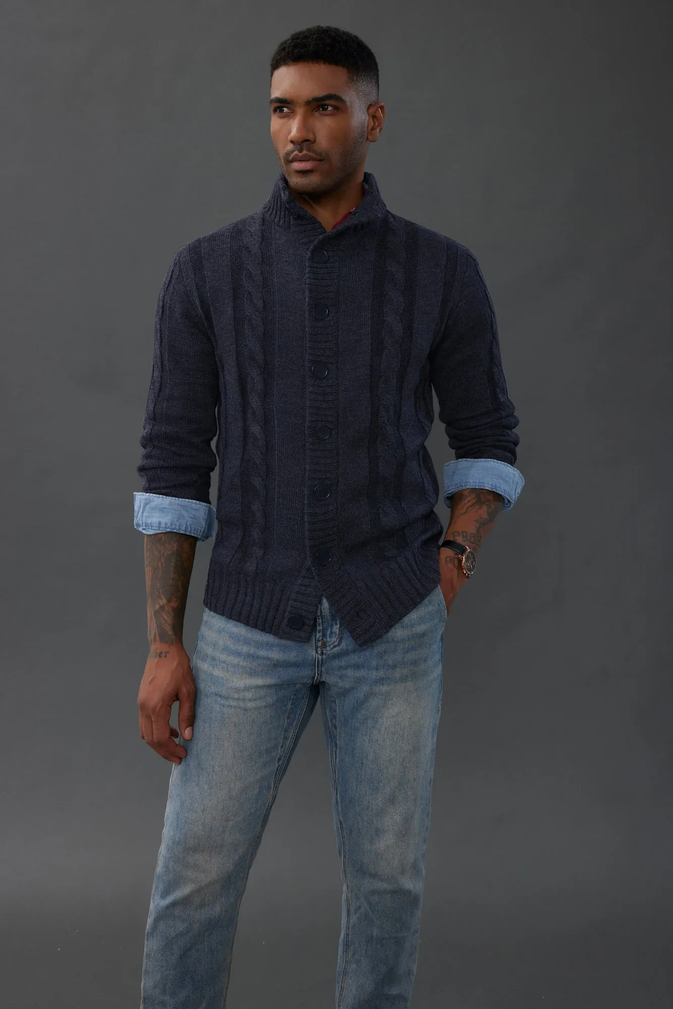 Men's Cardigan with Button Closure, Cable Knit Cardigan with Ribbed Stand-Up Collar for Autumn Winter