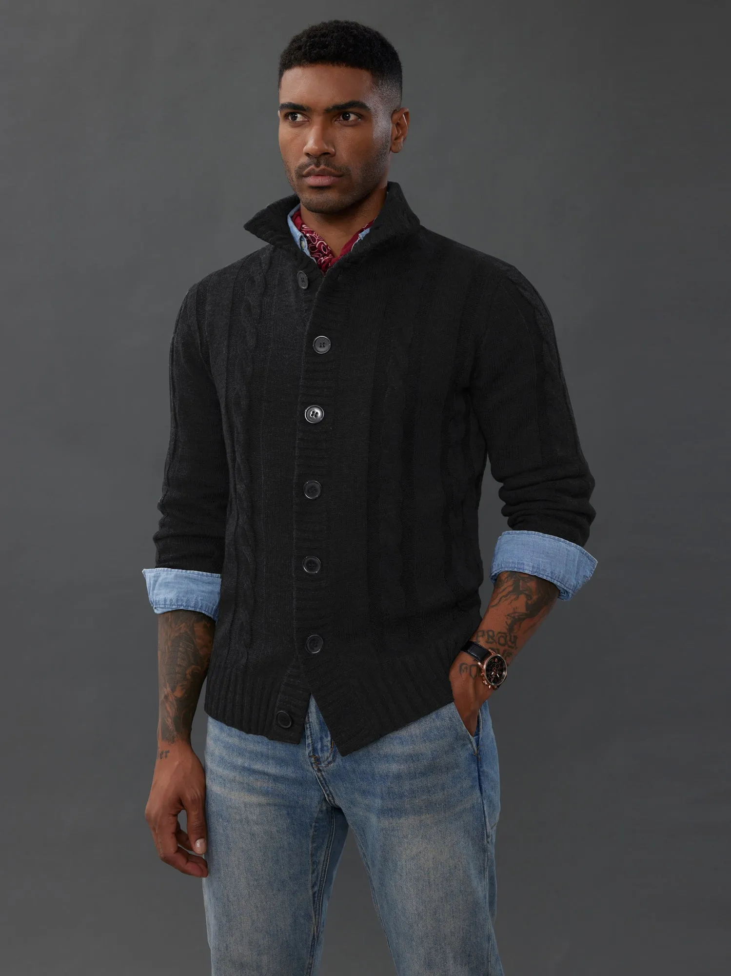 Men's Cardigan with Button Closure, Cable Knit Cardigan with Ribbed Stand-Up Collar for Autumn Winter