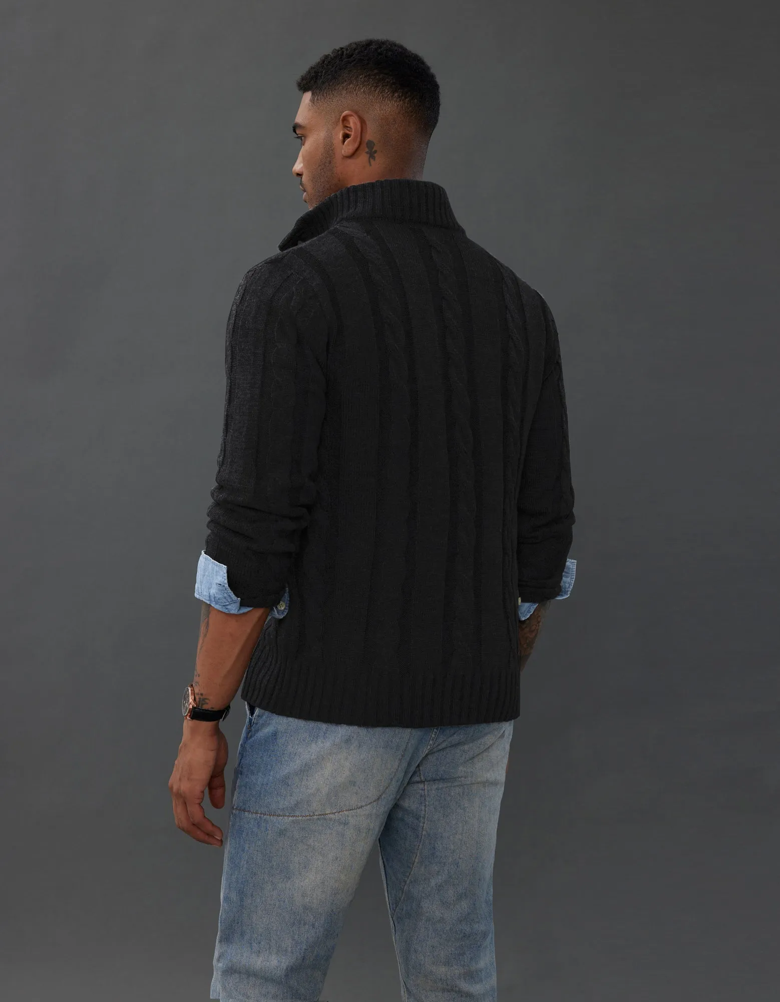 Men's Cardigan with Button Closure, Cable Knit Cardigan with Ribbed Stand-Up Collar for Autumn Winter