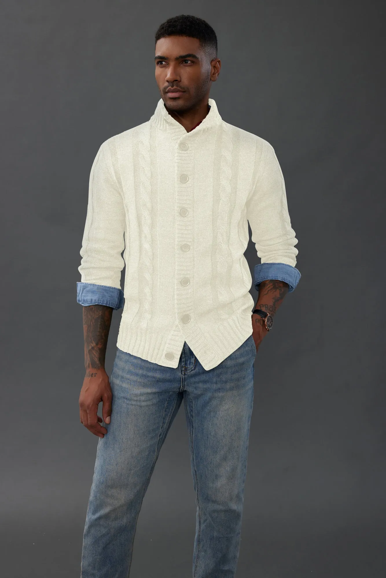 Men's Cardigan with Button Closure, Cable Knit Cardigan with Ribbed Stand-Up Collar for Autumn Winter