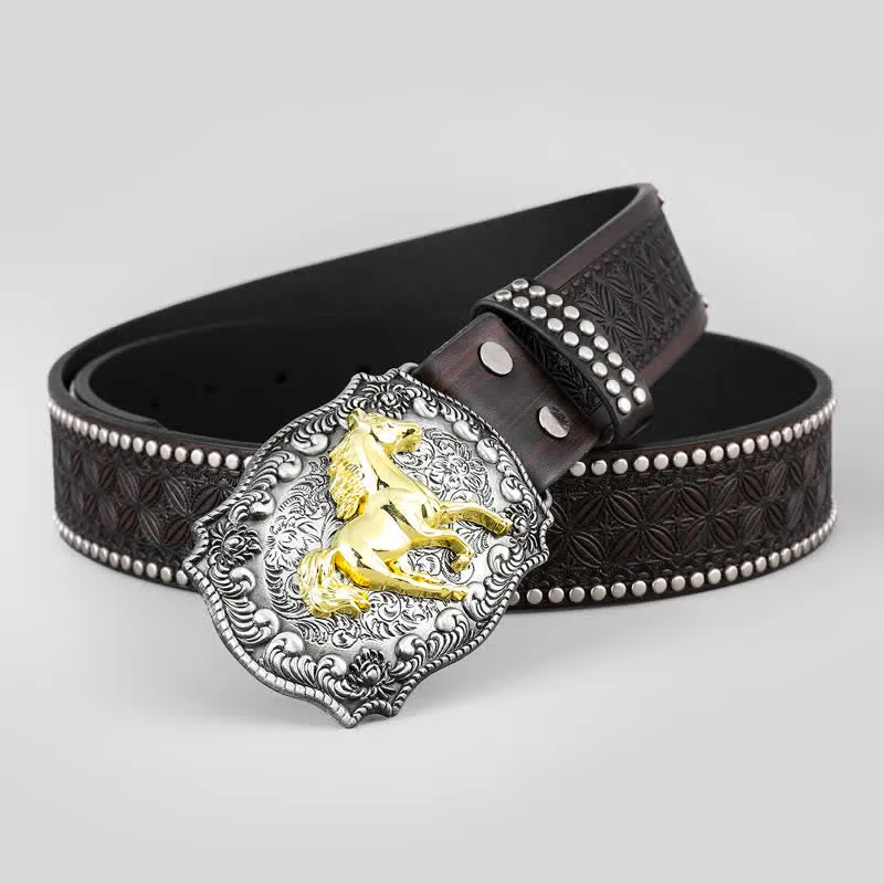 Men's Golden Running Horse Rivet Decor Leather Belt