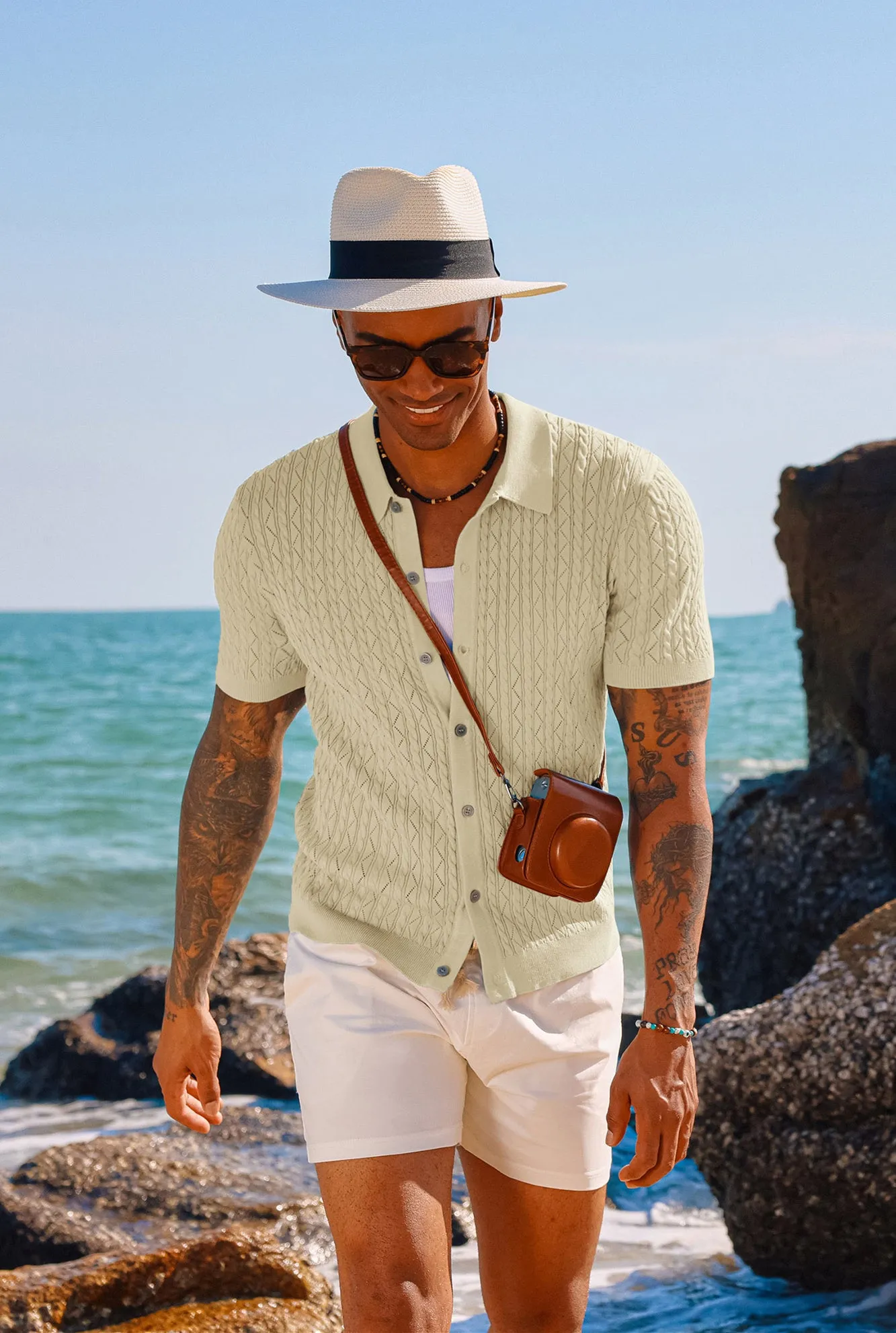 Men's Polo Short Cardigan Shirt Hollowed-Out Textured Casual Knitted Golf Shirt